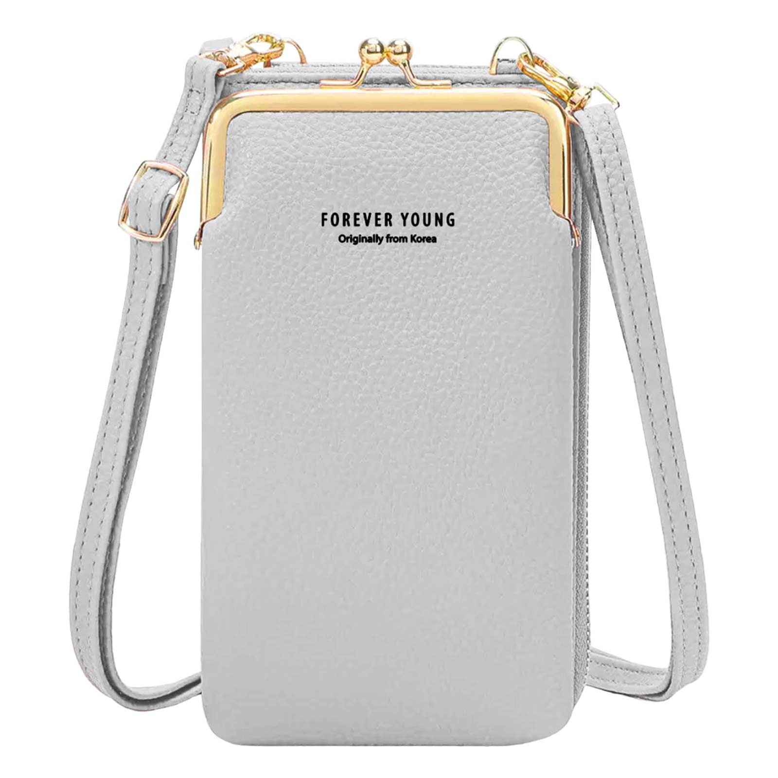 Grijze crossbodytas met een gouden sluiting en de woorden 'FOREVER YOUNG'.