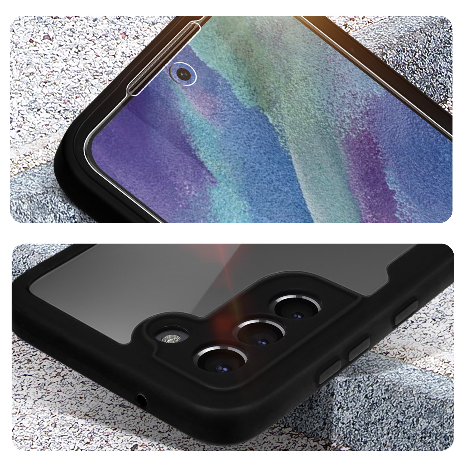 Coque de téléphone avec cadre noir. Caméras et flash visibles.