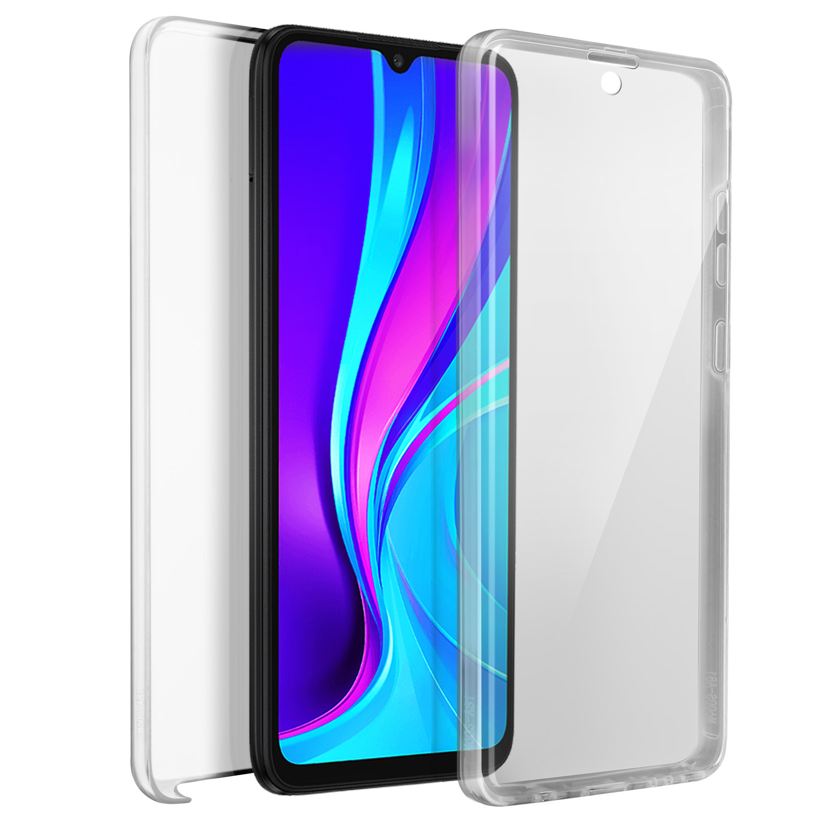 Un smartphone noir, avec protecteur d'écran, et deux coques transparentes. Une ouverte.