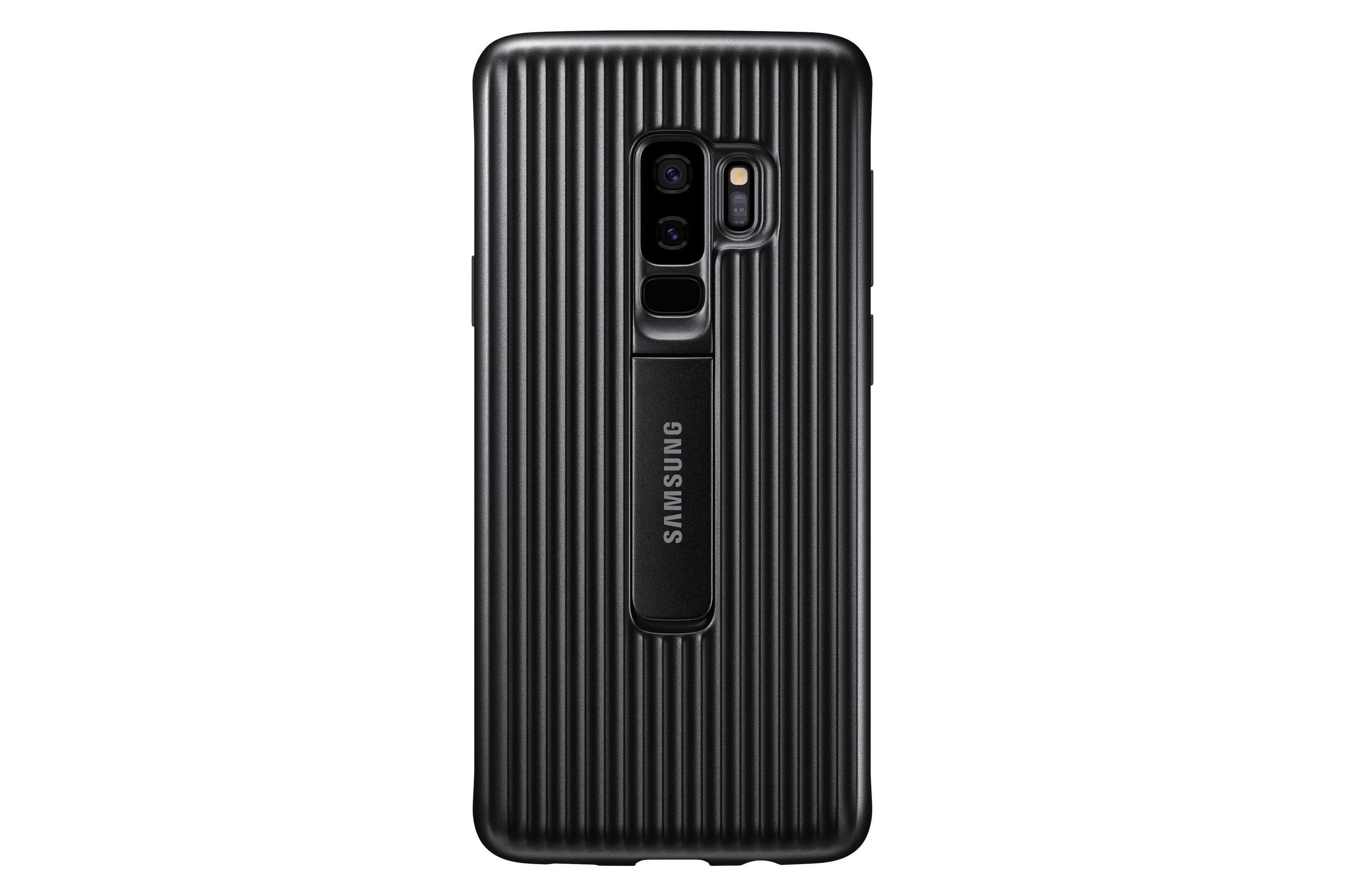 Schwarze Handyhülle mit vertikalen Linien. Das Samsung-Logo und ein Ständer sind sichtbar.