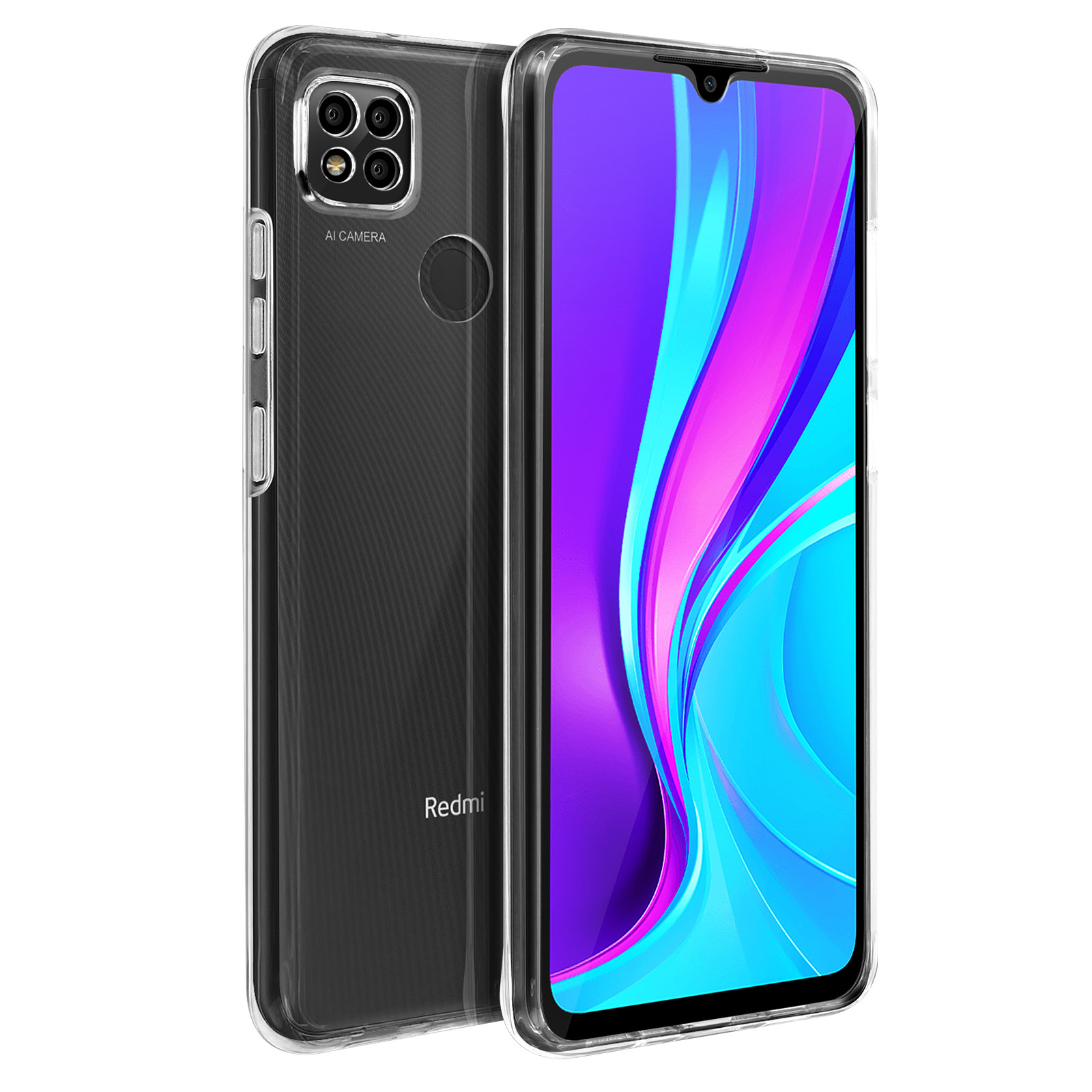 Deux coques de téléphone transparentes, dont une avec un téléphone. Le téléphone a trois caméras.