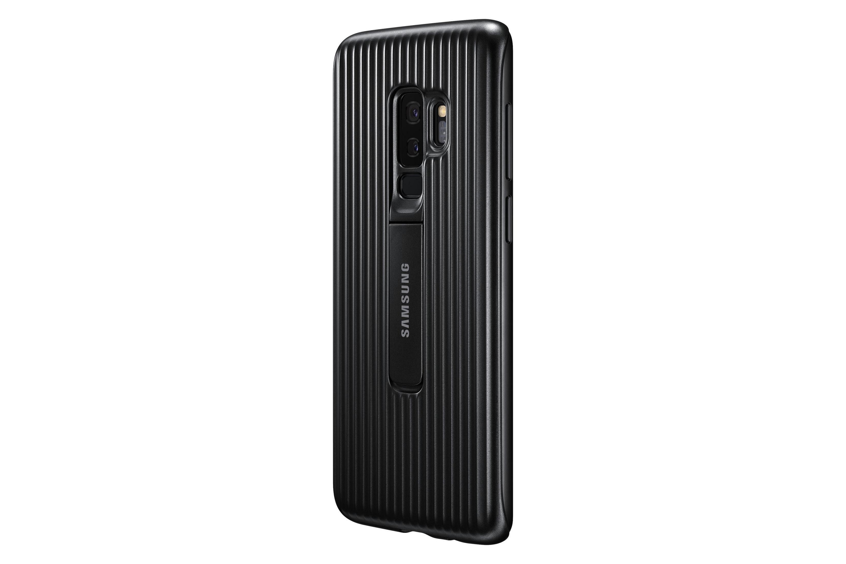 Schwarze Handyhülle mit Ständer. Die Hülle hat vertikale Linien und das Samsung-Logo. Weißer Hintergrund.