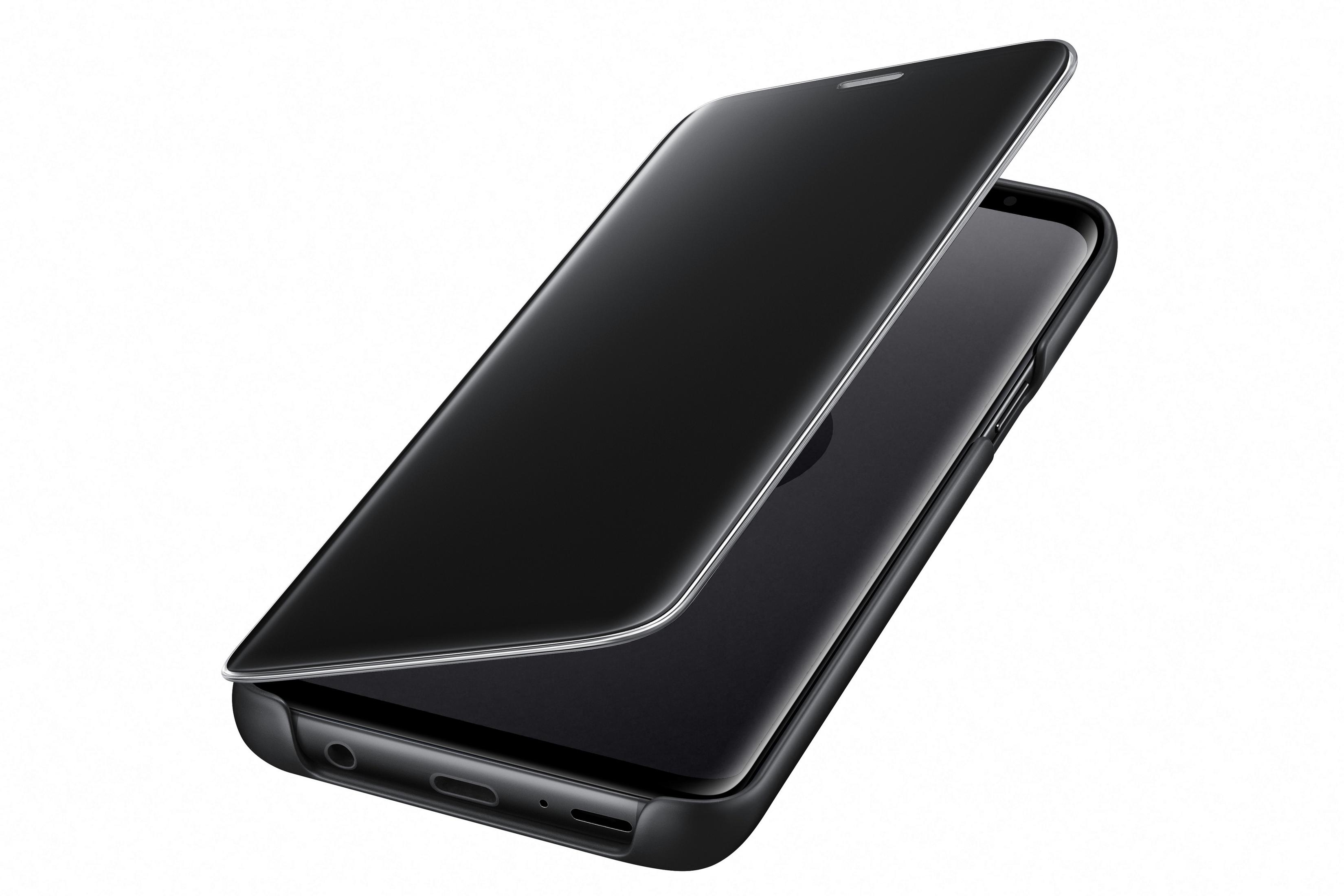 Schwarze Handyhülle mit geöffneter Abdeckung und Telefon im Inneren. Der Hintergrund ist weiß.