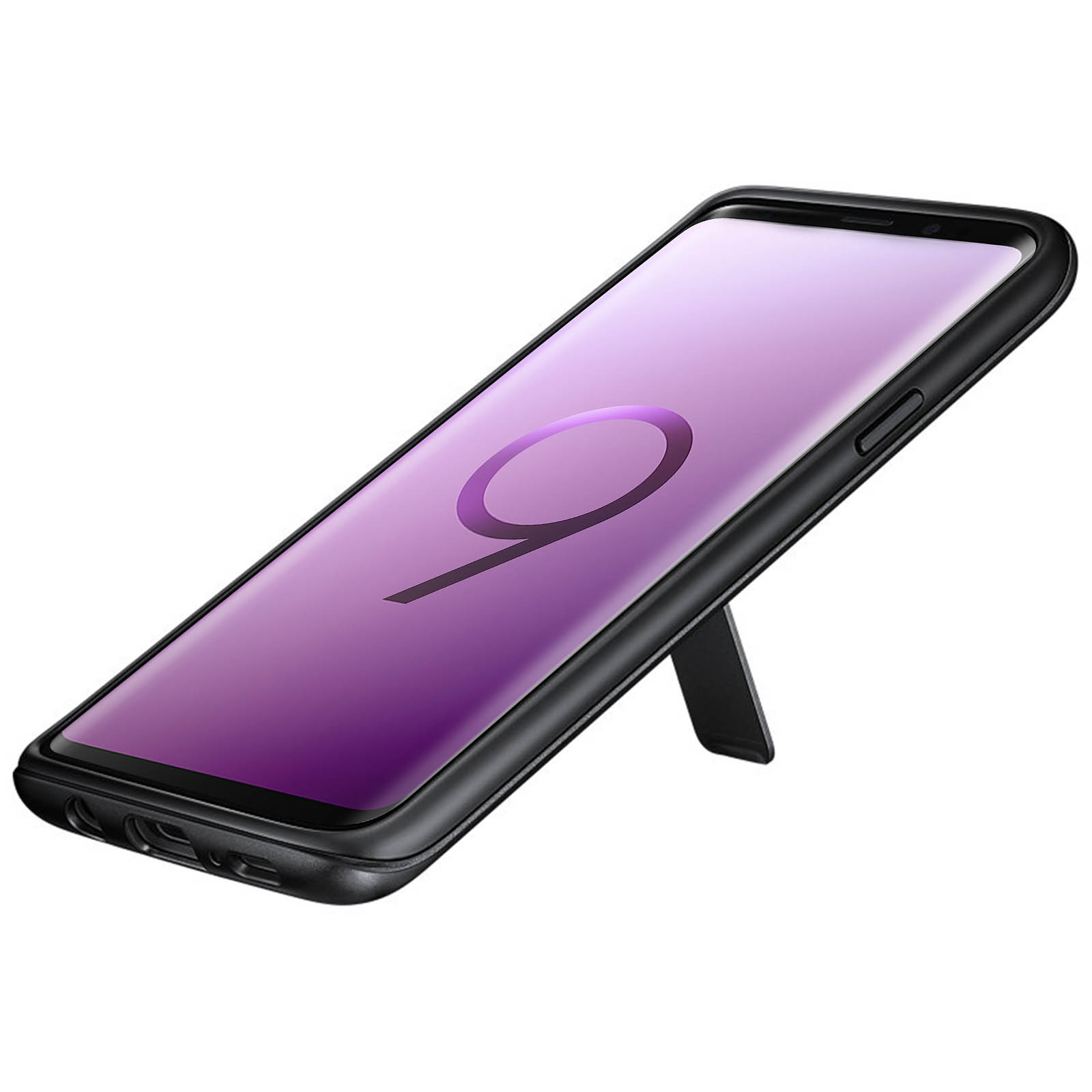 Ein Telefon in einer schwarzen Hülle mit Ständer. Der Bildschirm zeigt ein lila Design.