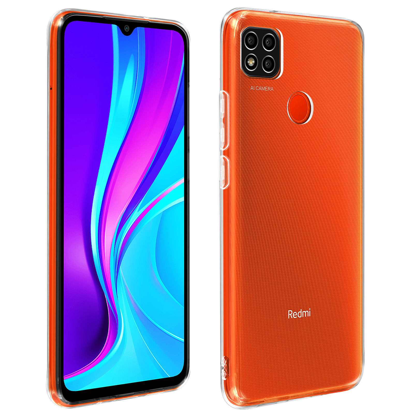 Téléphone orange et une coque de protection transparente sur fond blanc.