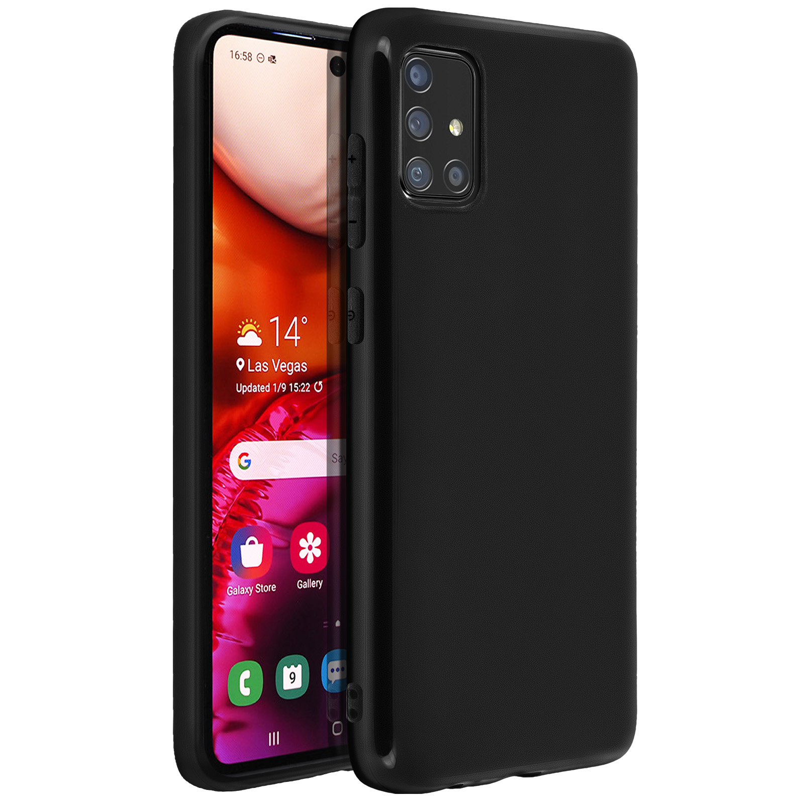 Een zwarte telefoonhoes met een telefoon erin, het telefoonscherm staat aan en toont een menu.