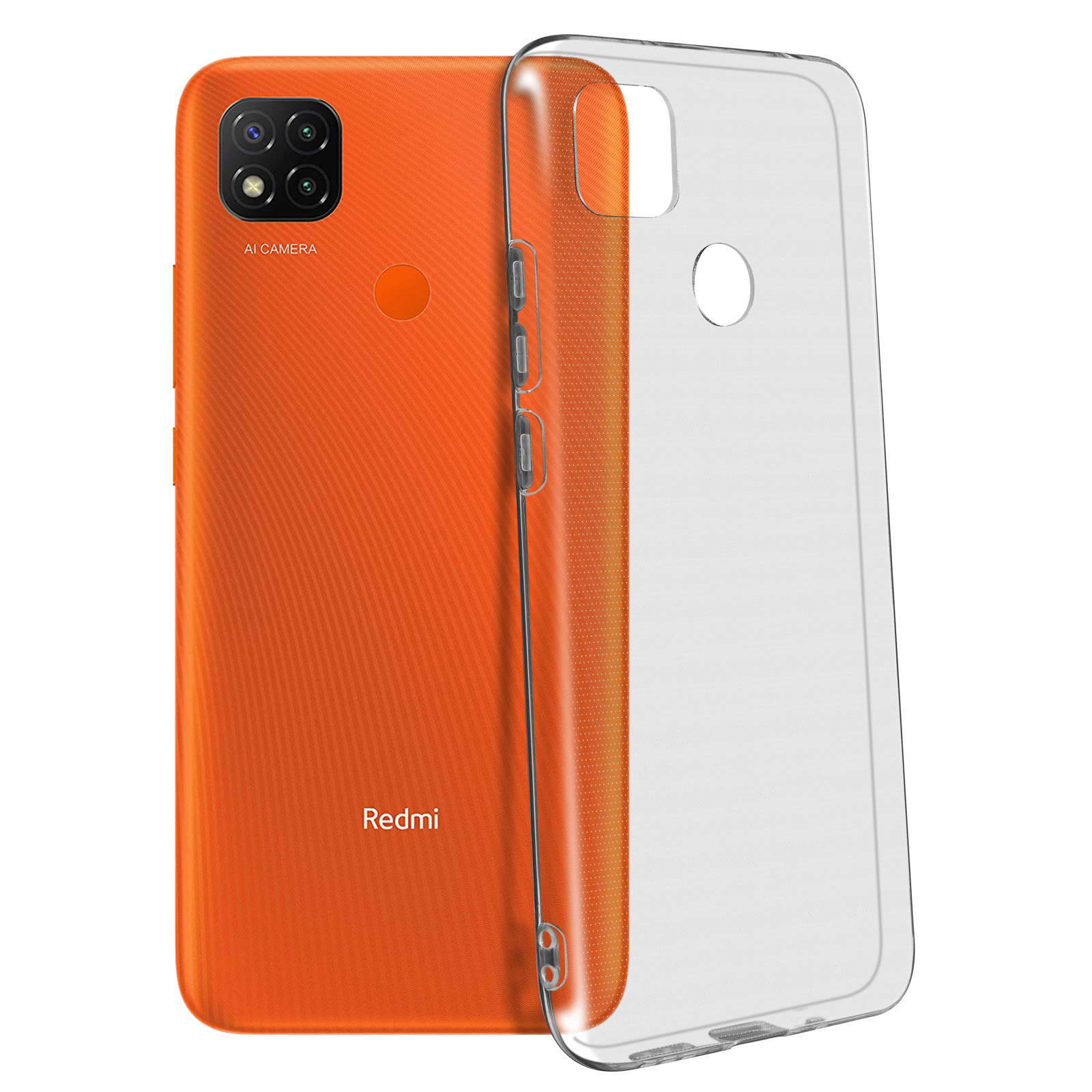 Oranje Redmi-telefoon met doorzichtige hoes op een wit oppervlak. Telefoon en hoes zichtbaar.