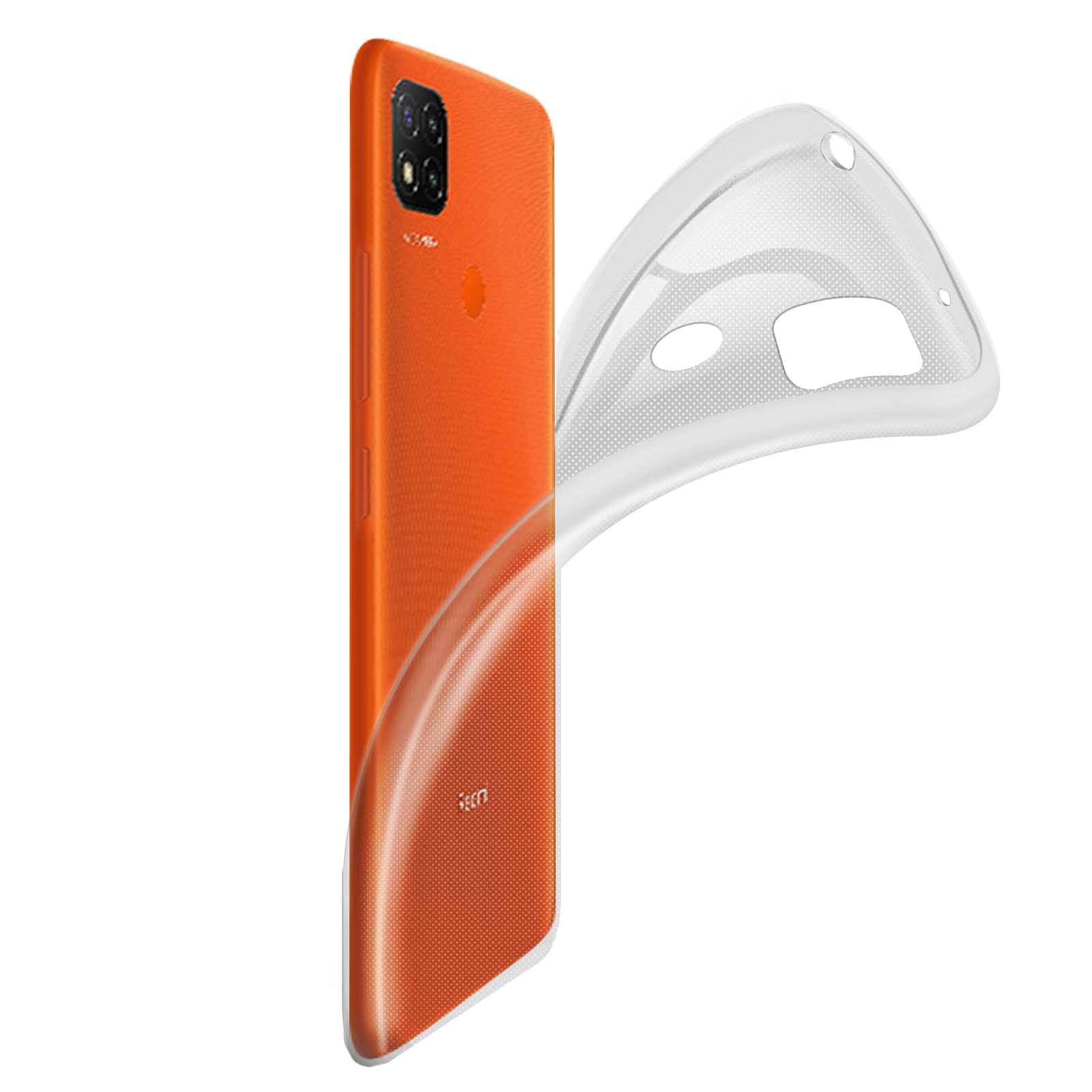 Téléphone orange avec coque transparente. Fond blanc, montrant l'arrière.