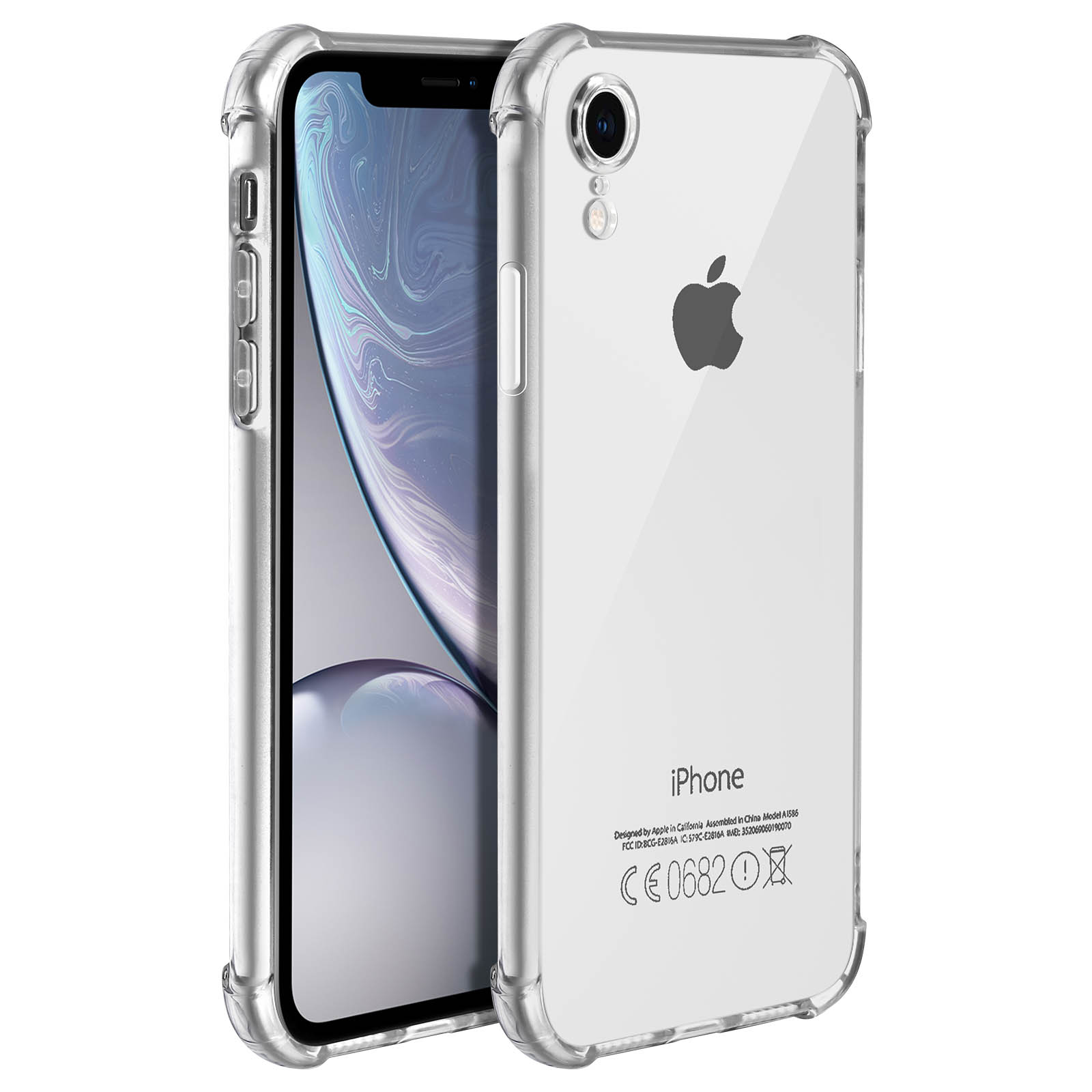 Due custodie trasparenti per telefono impilate insieme. Quella superiore mostra la fotocamera del telefono e il logo Apple.