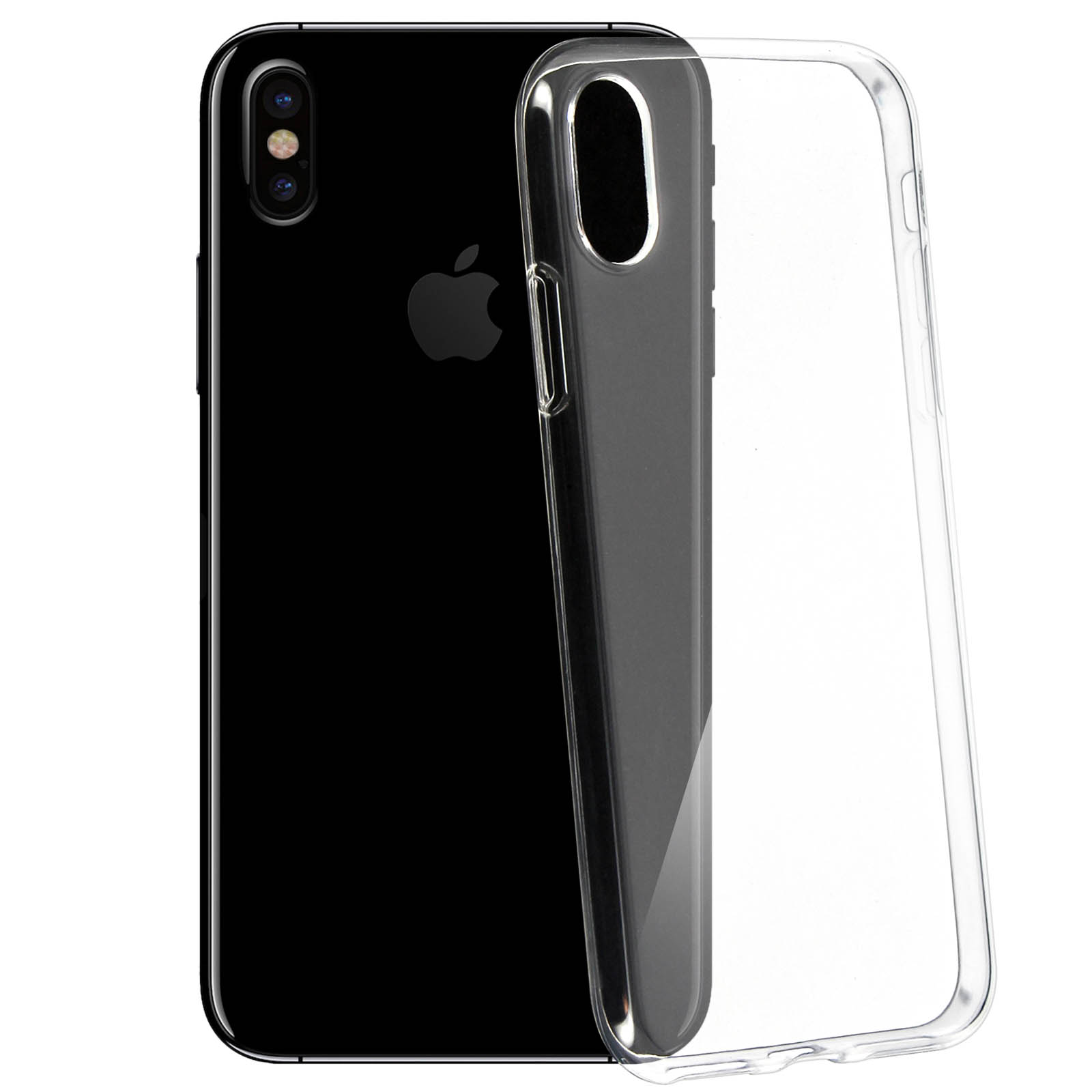 iPhone nero con custodia protettiva trasparente. Il telefono ha il logo Apple sul retro.
