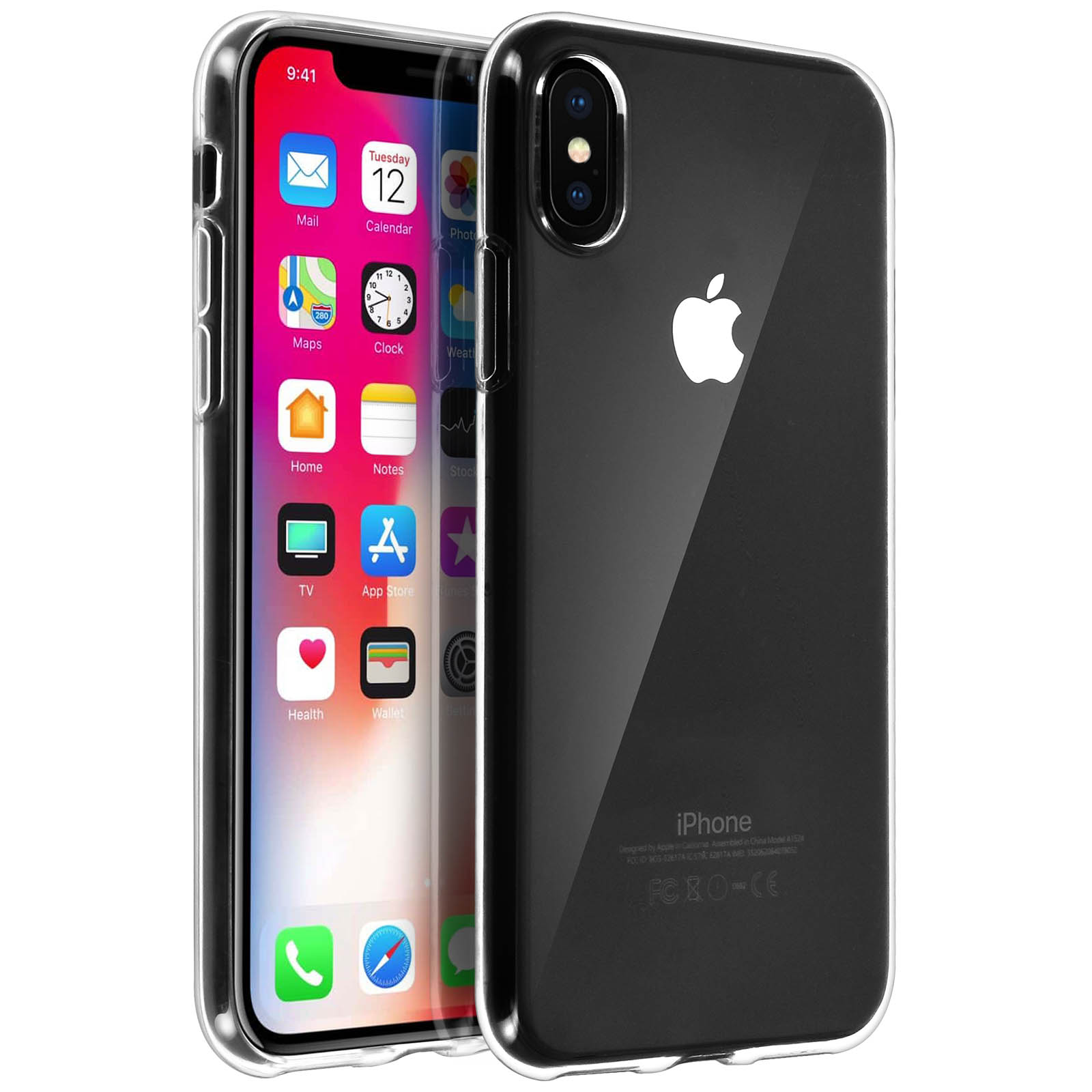 Due telefoni in custodie, uno aperto. Il display mostra le app, logo Apple sul retro. Custodie trasparenti e nere.
