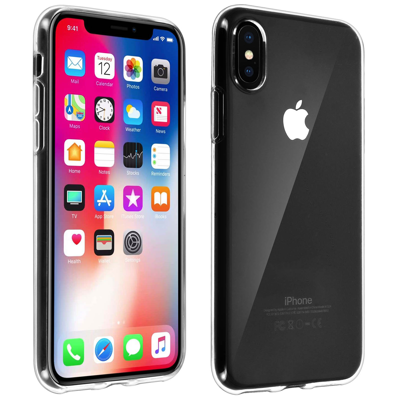 Un iPhone X con una custodia trasparente. Il telefono mostra la schermata iniziale con le icone delle app.