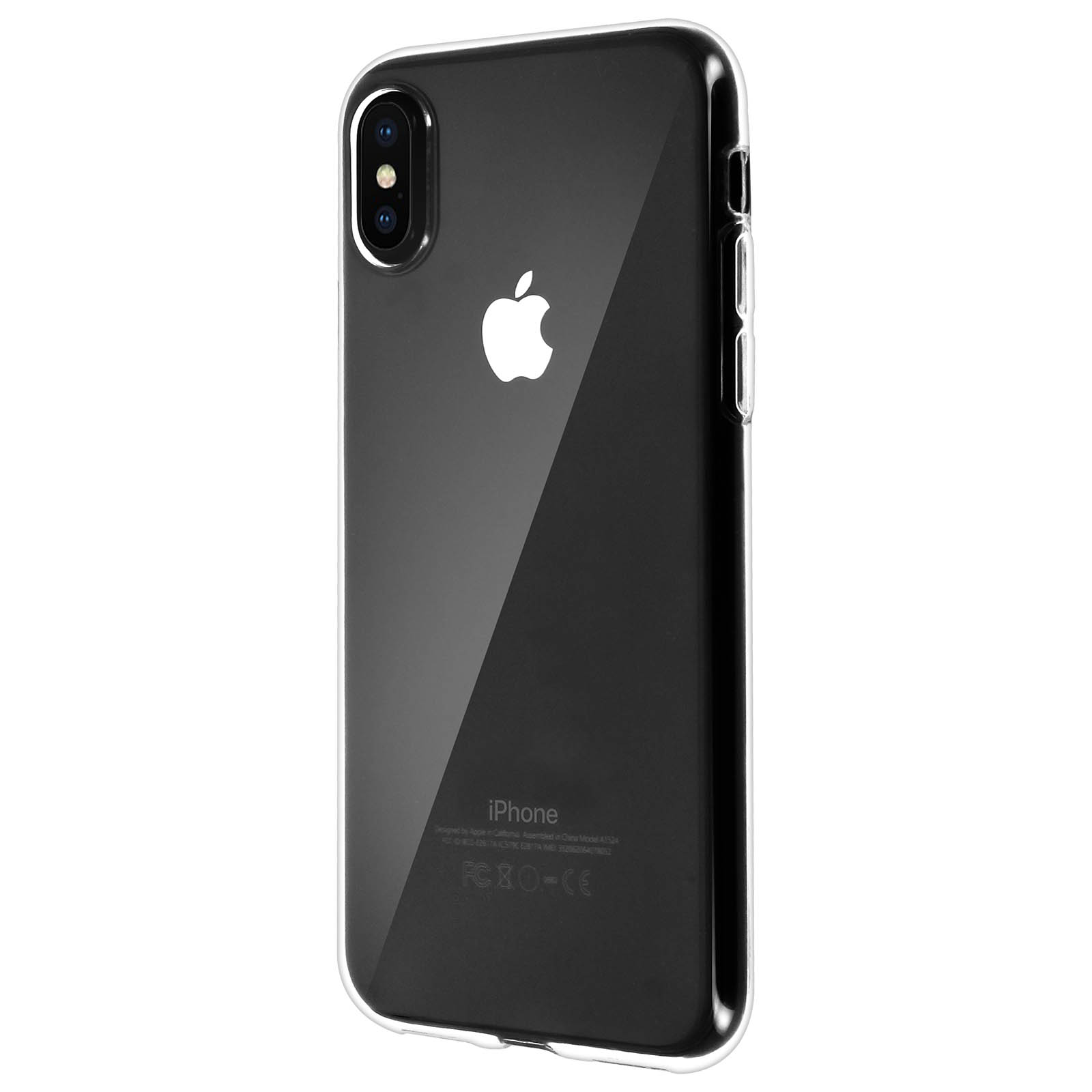 iPhone X nero, vista posteriore. Custodia trasparente. Logo Apple visibile.