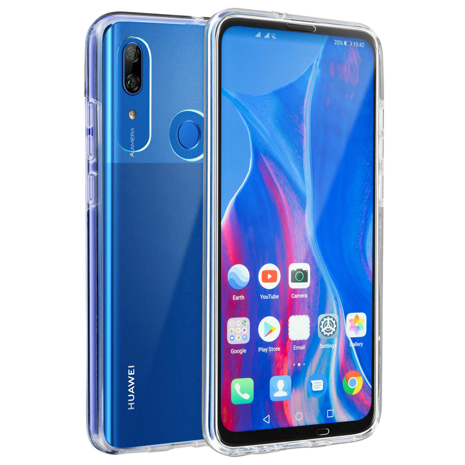 Téléphone bleu dans un étui transparent. Le téléphone affiche un écran bleu avec des icônes d'applications.