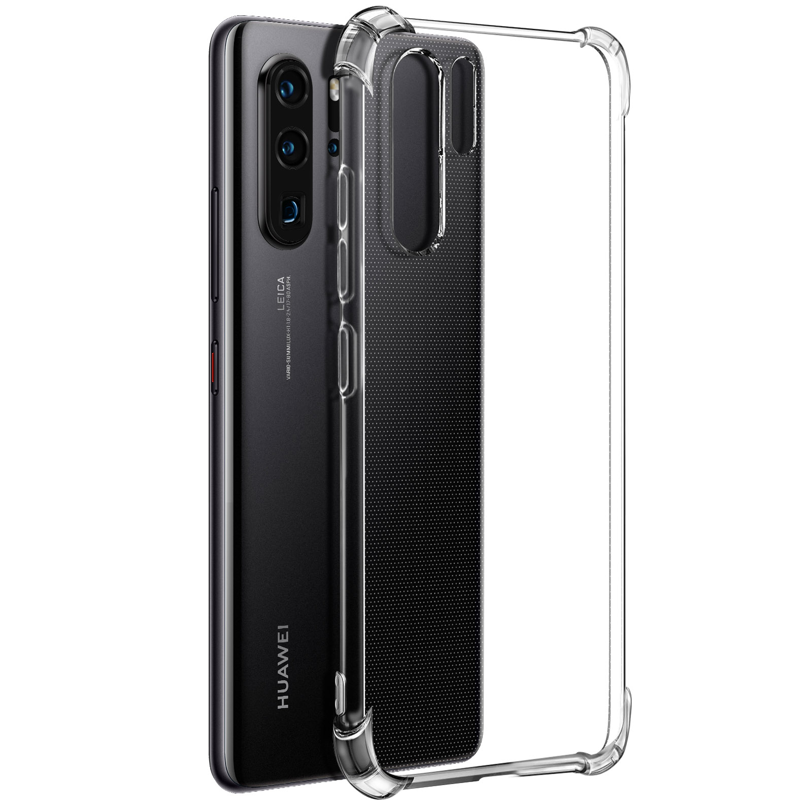 Un telefono nero con una custodia trasparente. Il telefono è rivolto a sinistra. Logo Huawei visibile.