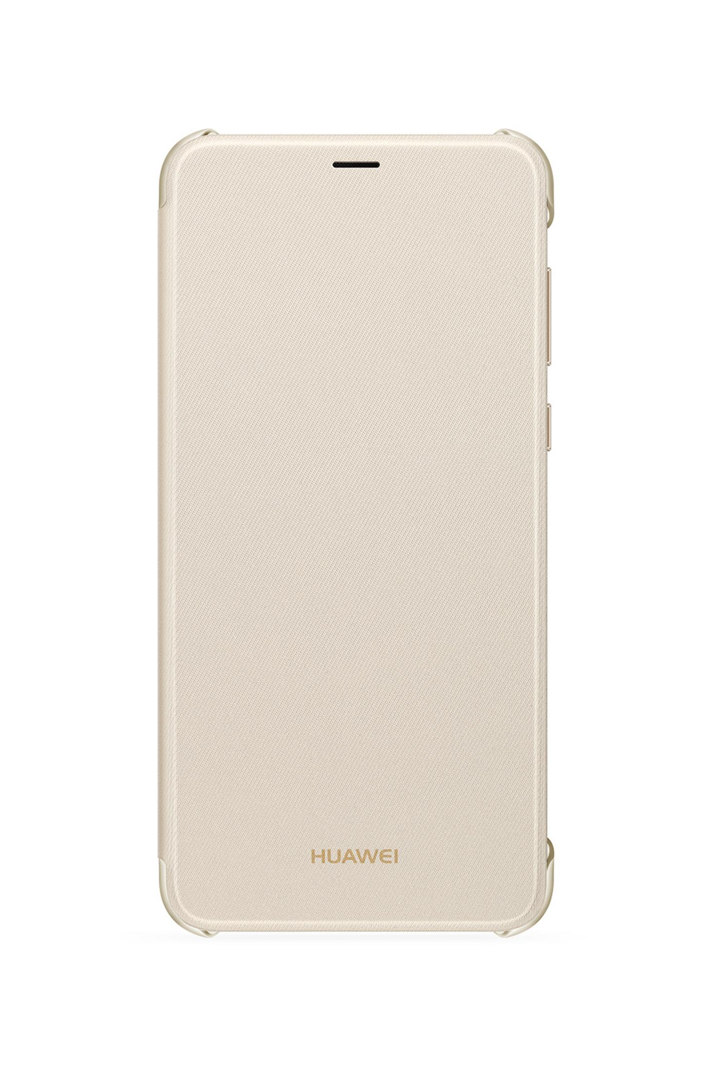Beige Handyhülle mit Abdeckung. Huawei-Logo unten. Isoliert auf Weiß.