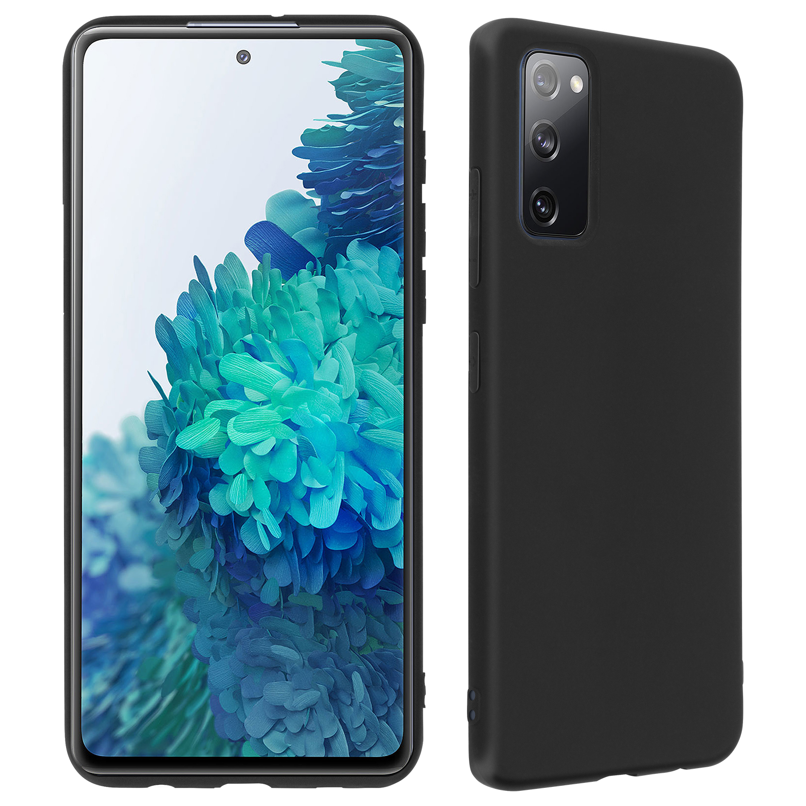 Twee telefoons, een met het scherm aan. De telefoon heeft een zwarte hoes. De andere telefoon heeft een zwarte achterkant.