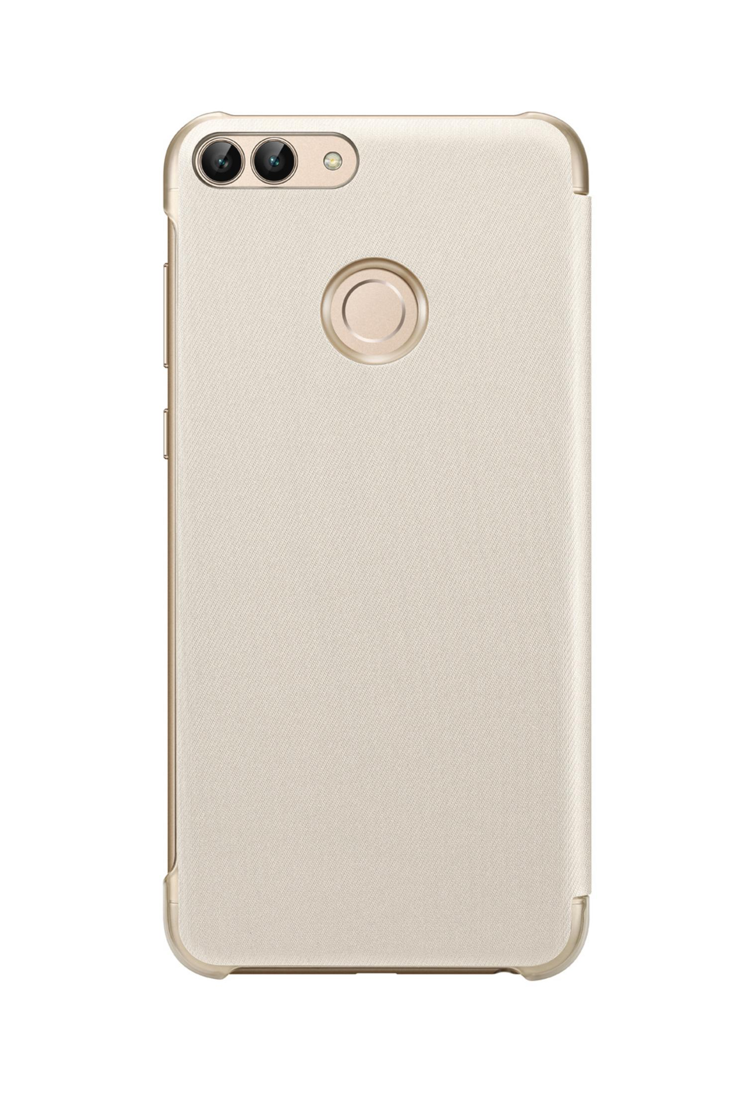 Eine goldene Handyhülle mit Dual-Kamera und Fingerabdrucksensor auf weißem Hintergrund.