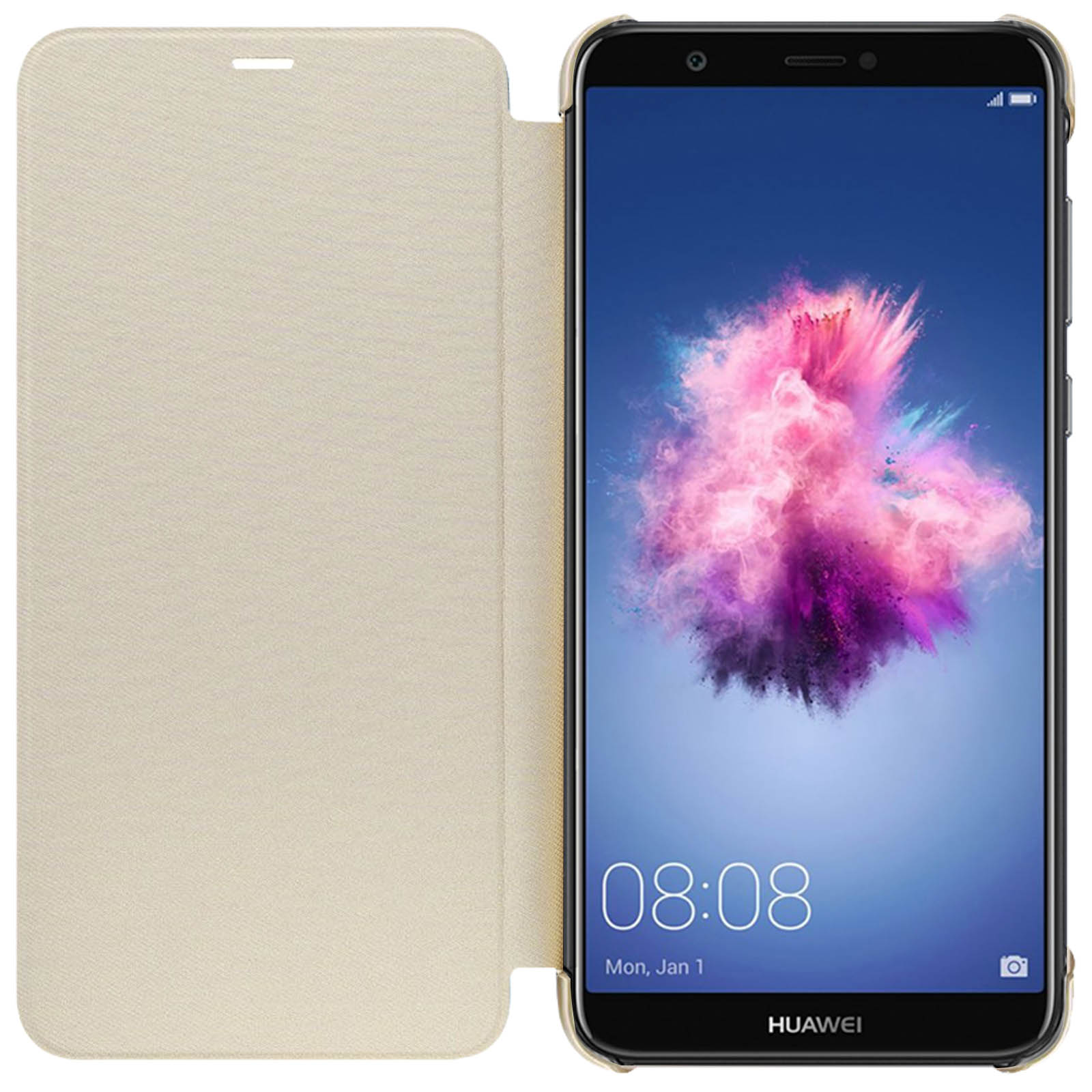 Telefon in beiger Hülle. Der Bildschirm zeigt einen farbenfrohen Farbspritzer. Weißer Hintergrund.