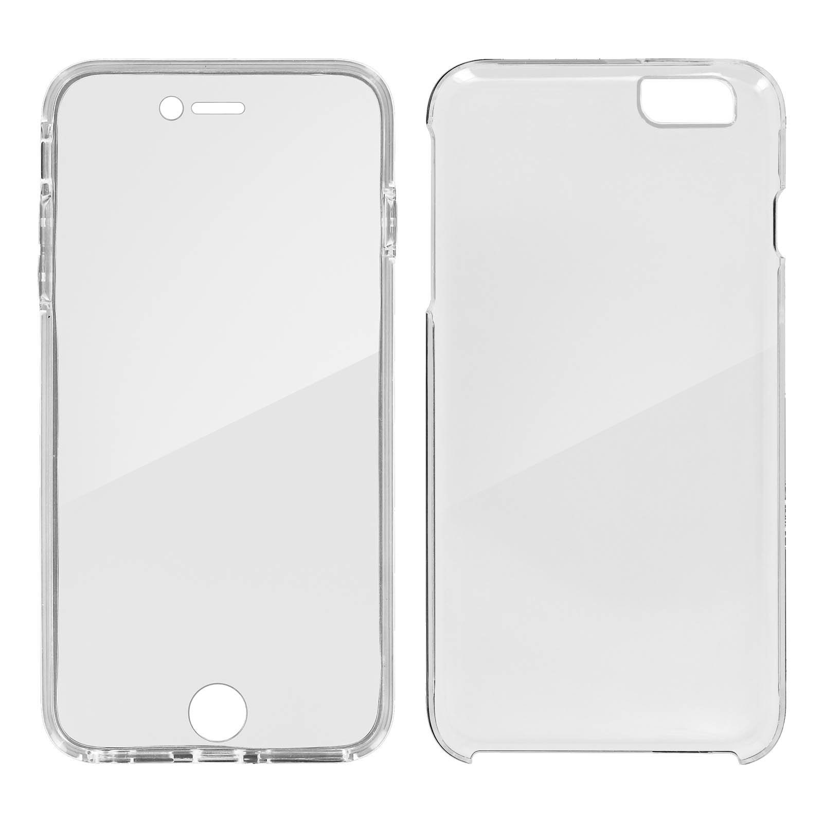 Dos fundas transparentes para teléfono, una abierta y otra cerrada, una al lado de la otra sobre un fondo blanco.