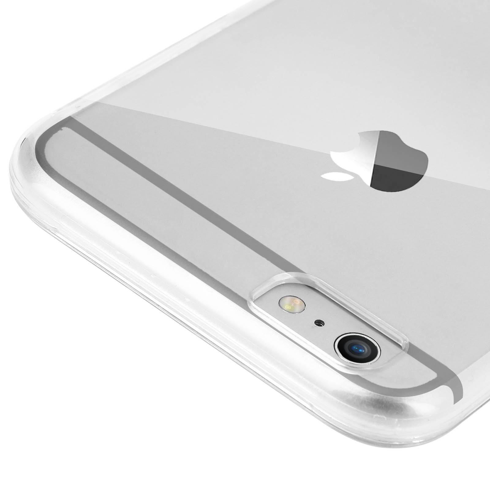 Funda transparente en un teléfono que muestra la parte posterior con la lente de la cámara y el logotipo de Apple.