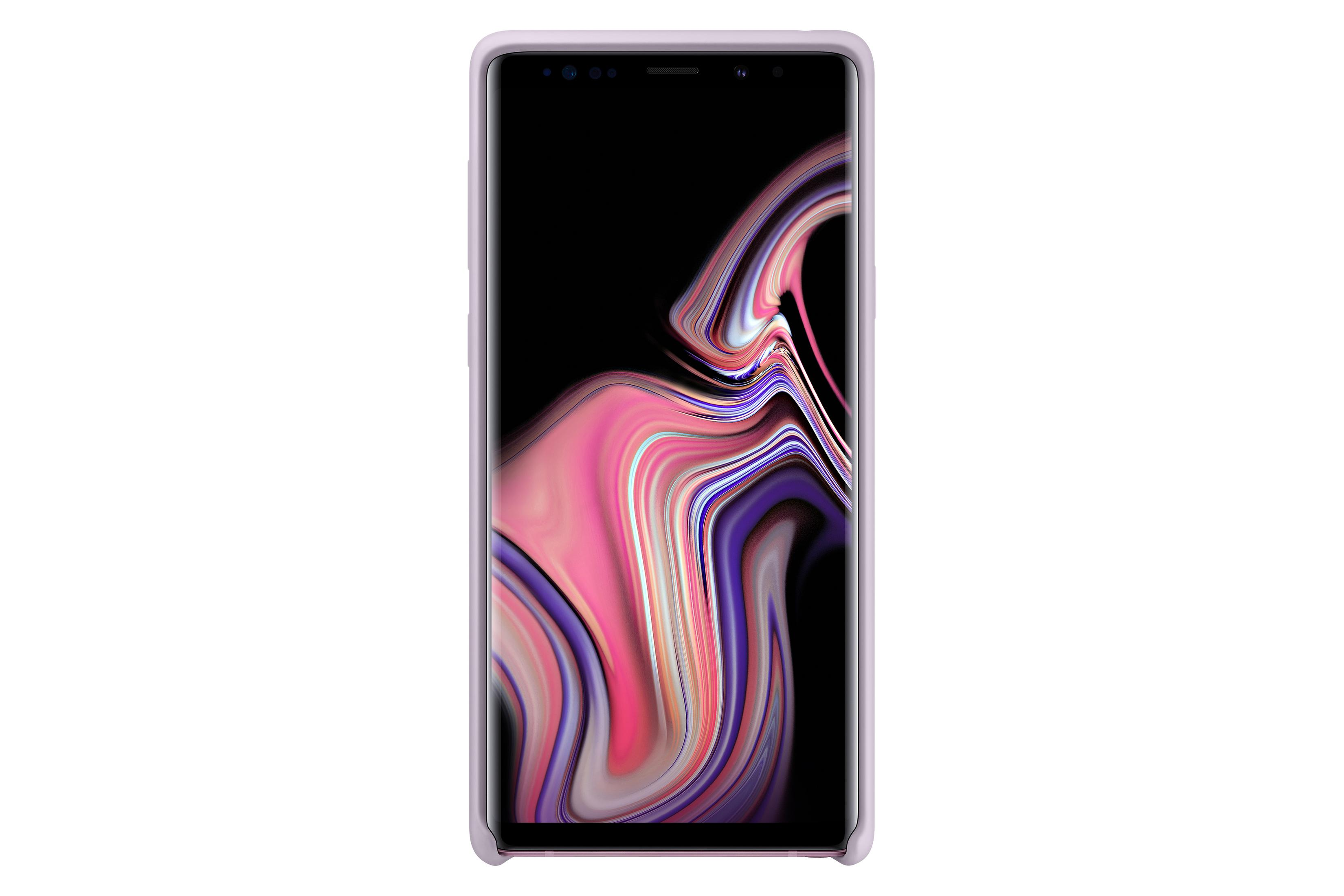 Smartphone con sfondo astratto colorato. Custodia lilla. Sfondo bianco.