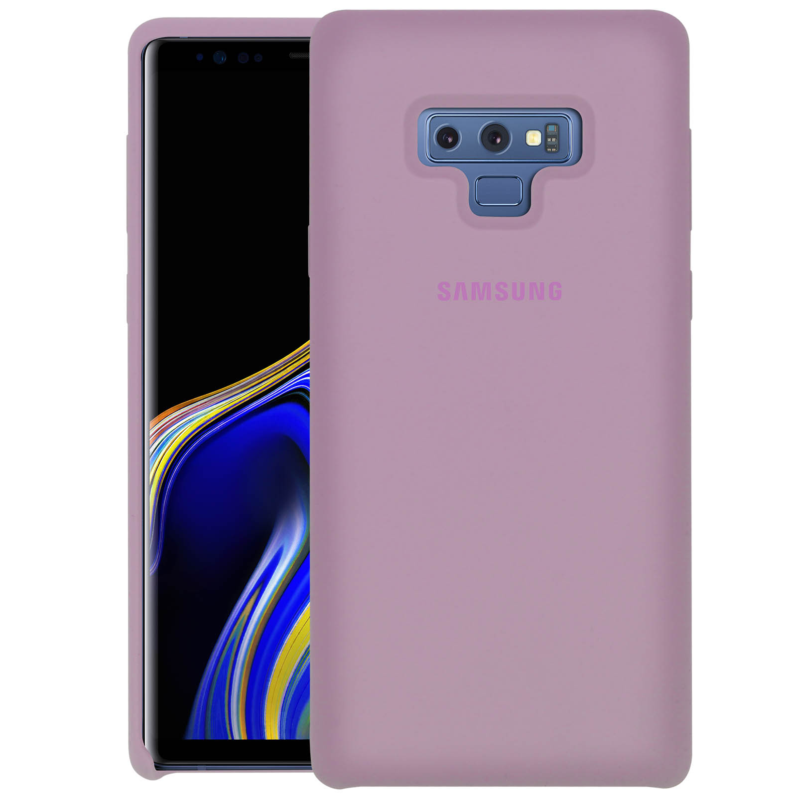 Custodia viola per telefono con un telefono all'interno. Il telefono ha il logo Samsung sulla custodia.