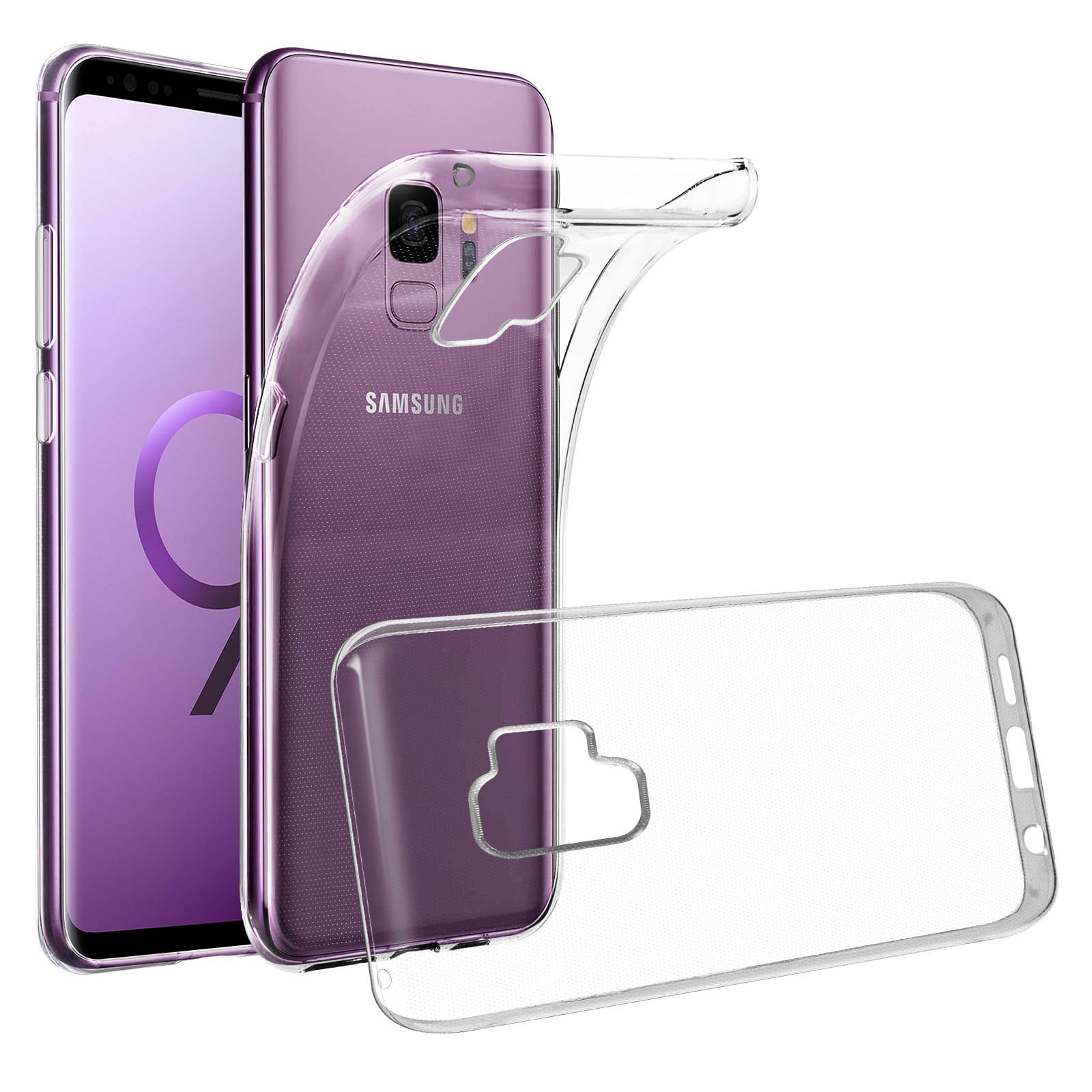 Una custodia trasparente per telefono con un telefono viola all'interno e un'ulteriore custodia trasparente.