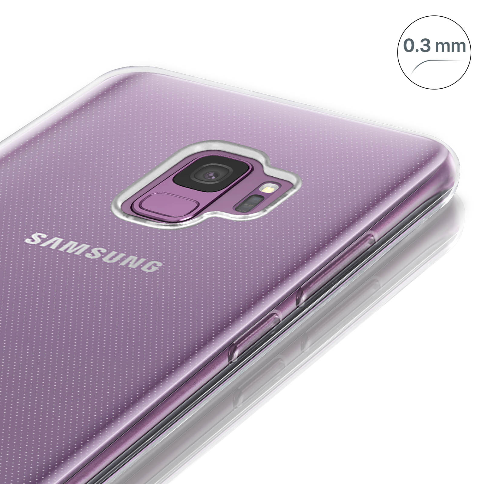 Una custodia trasparente su un telefono viola con il logo Samsung.