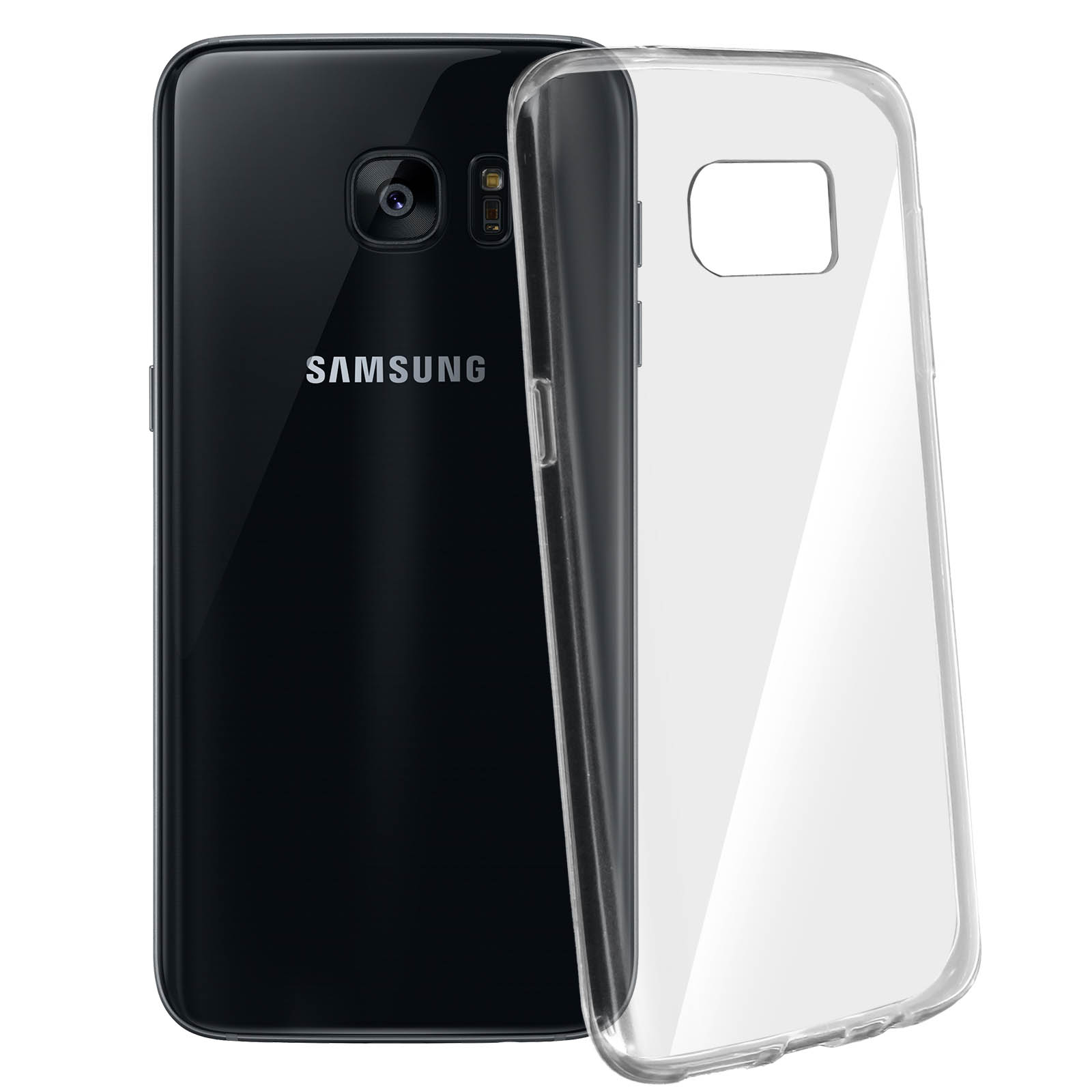 Telefono Samsung nero con custodia trasparente, su sfondo bianco.