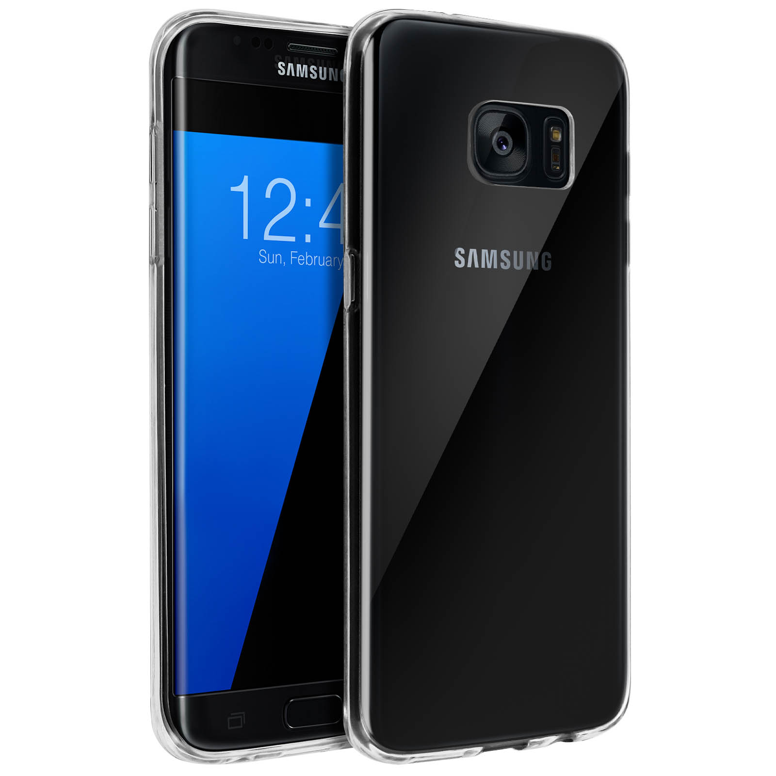 Un telefono Samsung con una custodia trasparente, che mostra l'ora sullo schermo. Anche il retro è visibile.