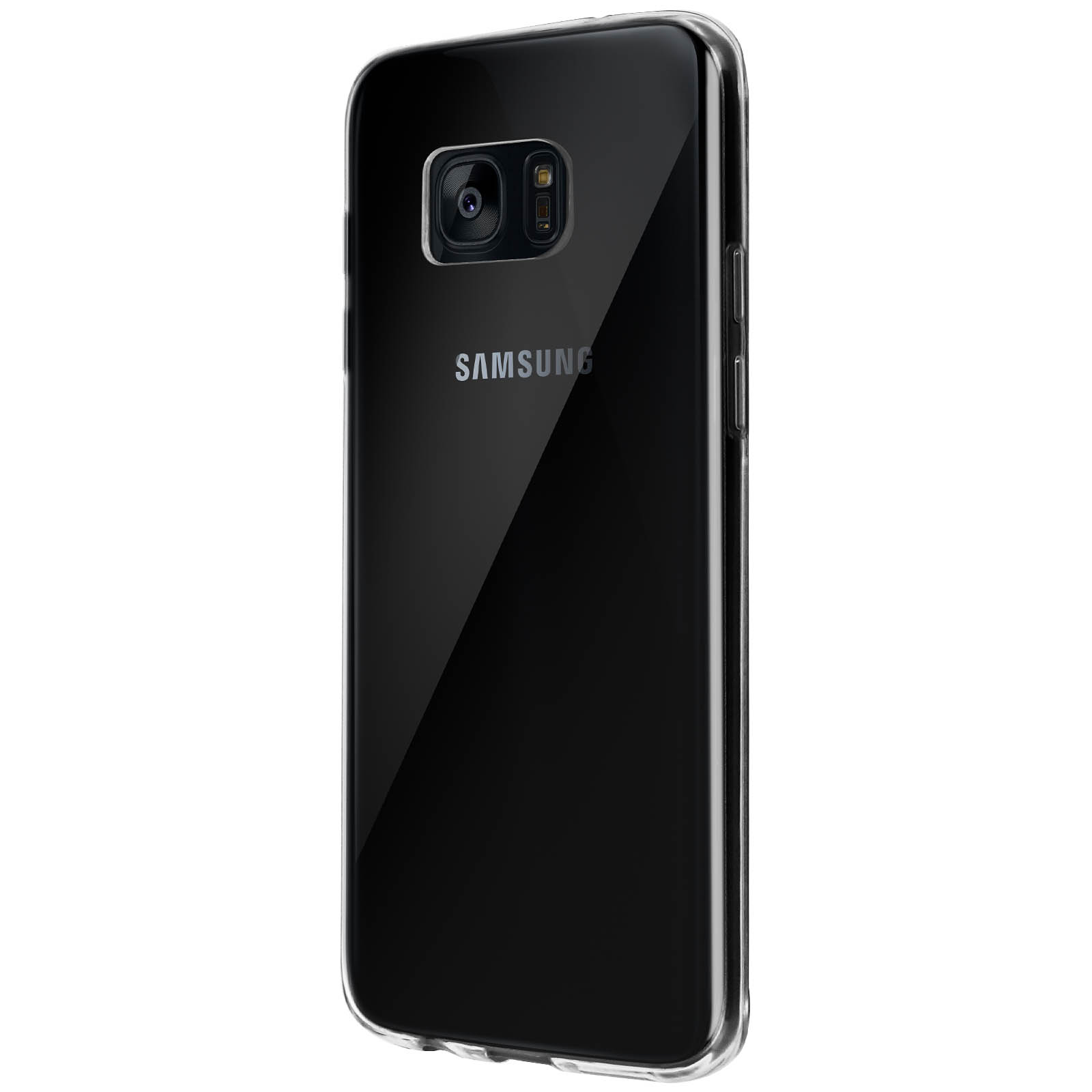 Telefono nero con una custodia trasparente. La fotocamera è in alto a sinistra. Il marchio è Samsung.