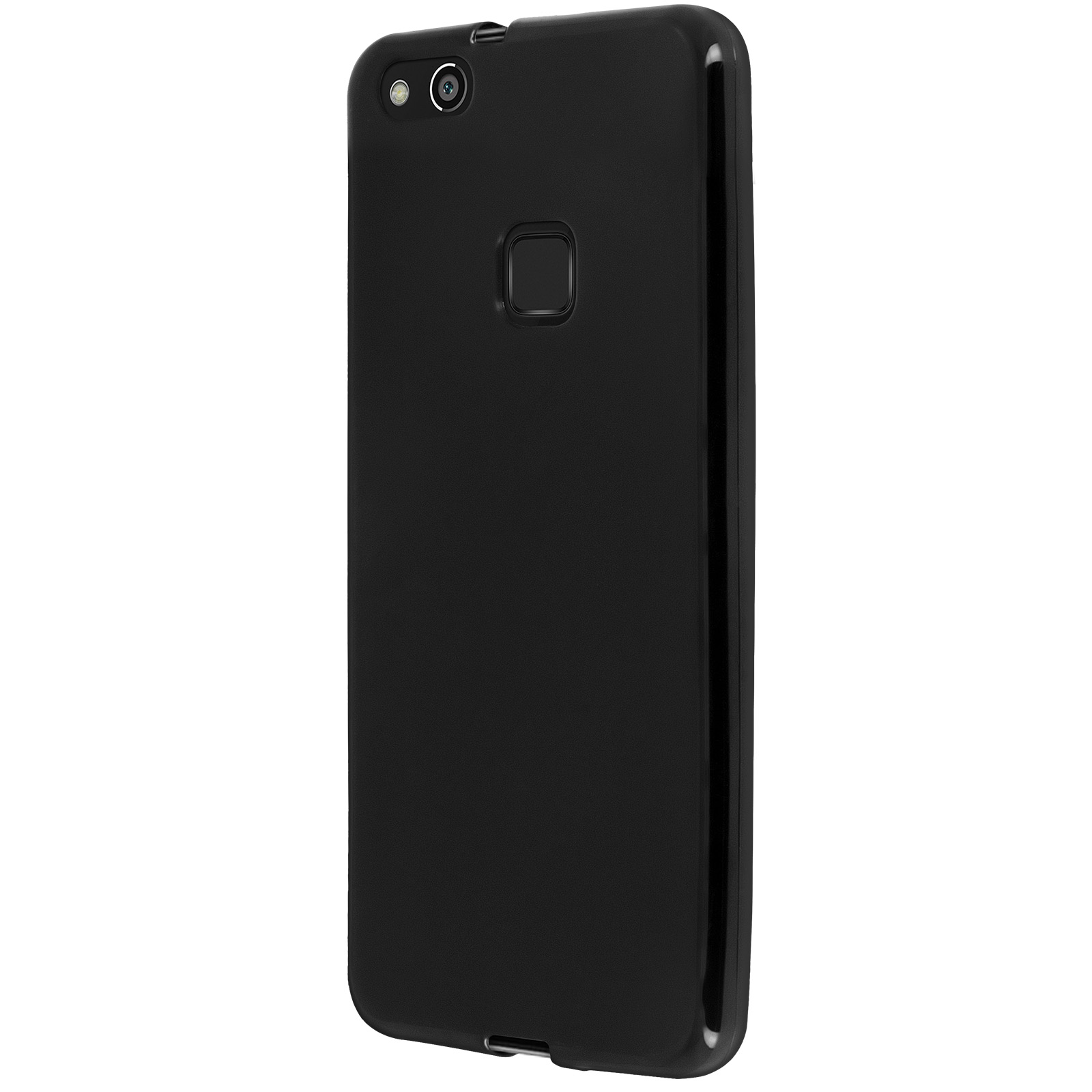 Una custodia nera per telefono. La custodia del telefono ha una fotocamera e un sensore di impronte digitali.