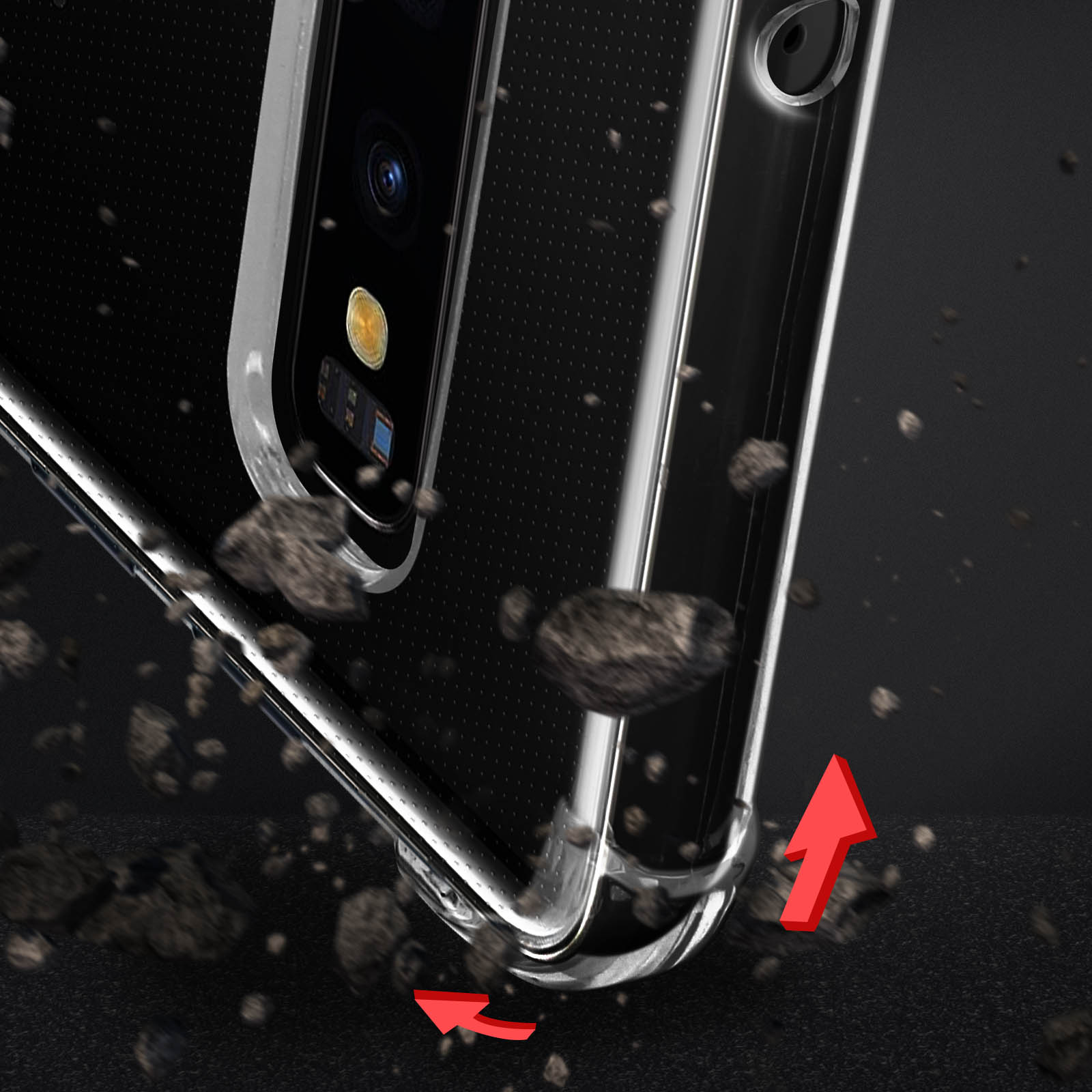 Eine transparente Handyhülle mit schwarzem Innenraum. Steine fliegen mit roten Pfeilen darauf zu.