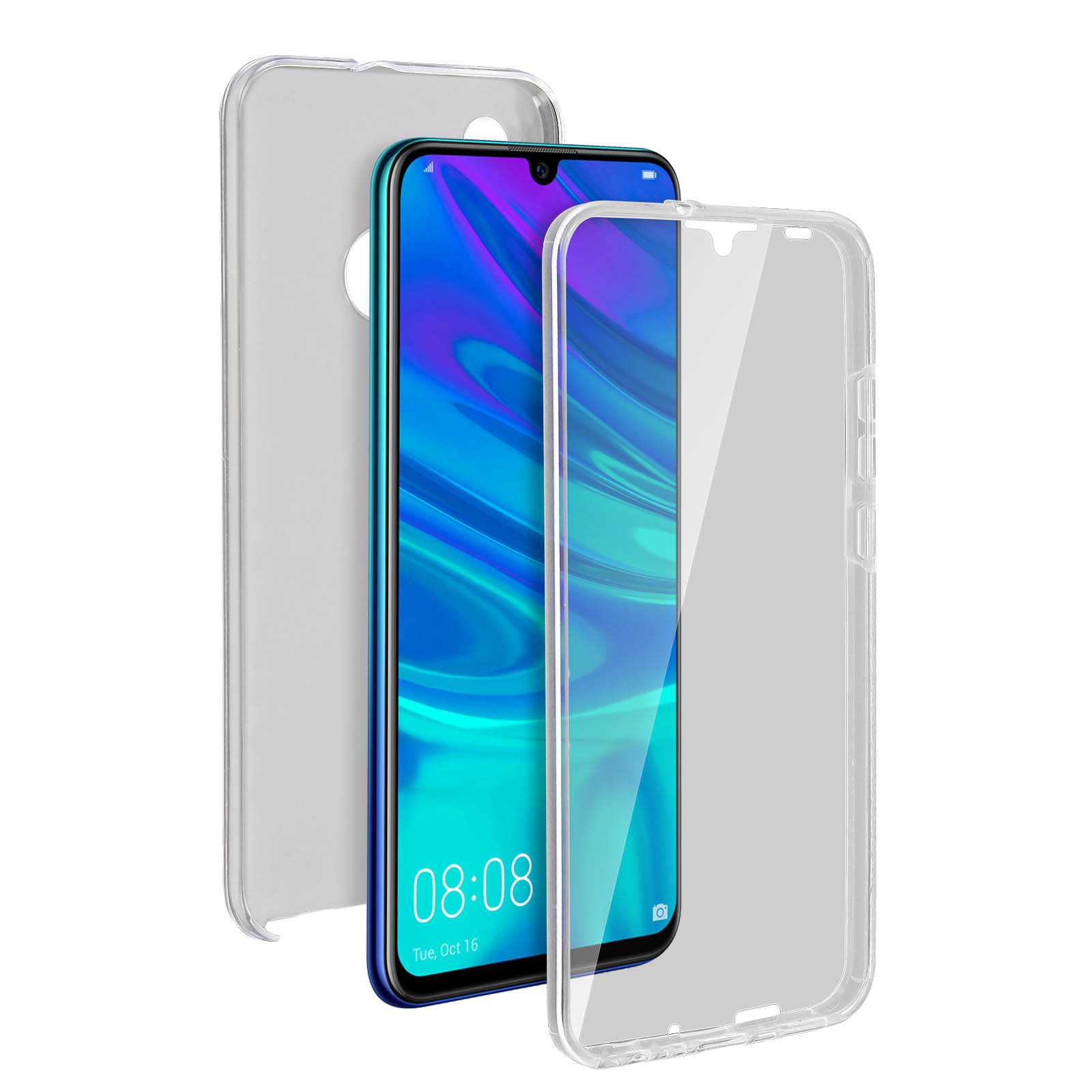 Telefon mit Displayschutzfolie und zwei Hüllen. Auf dem Telefon wird 08:08 angezeigt.
