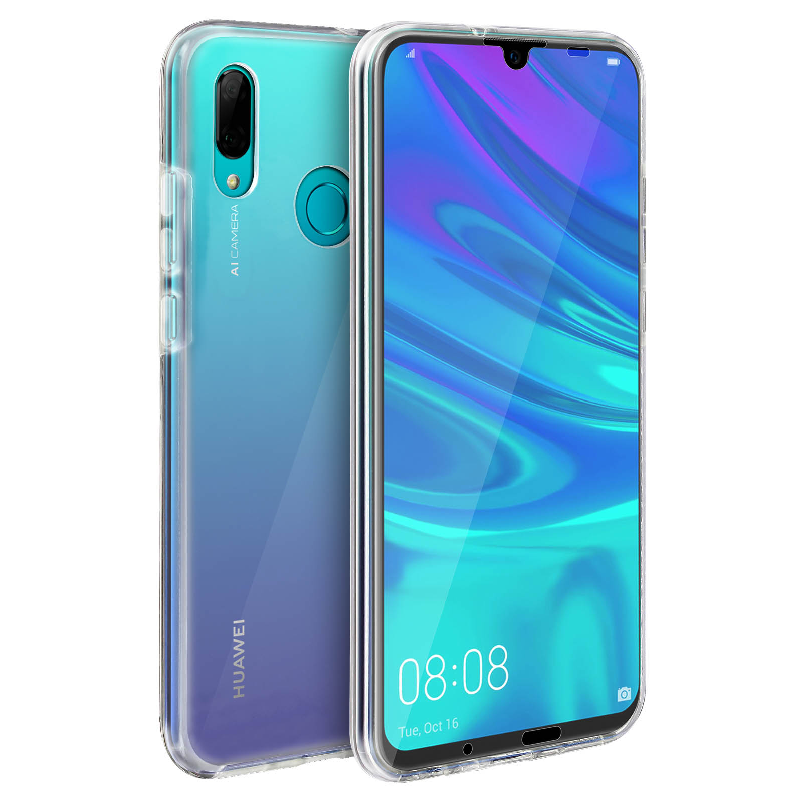 Deux téléphones avec des étuis transparents, l'un montrant l'arrière. L'autre montre l'écran.