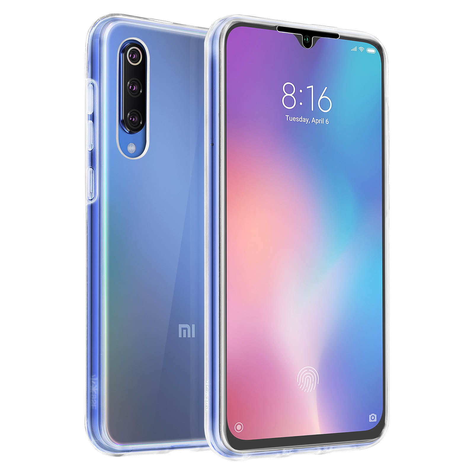 Un téléphone avec un étui transparent, affichant l'heure. Le dos d'un second téléphone est visible.