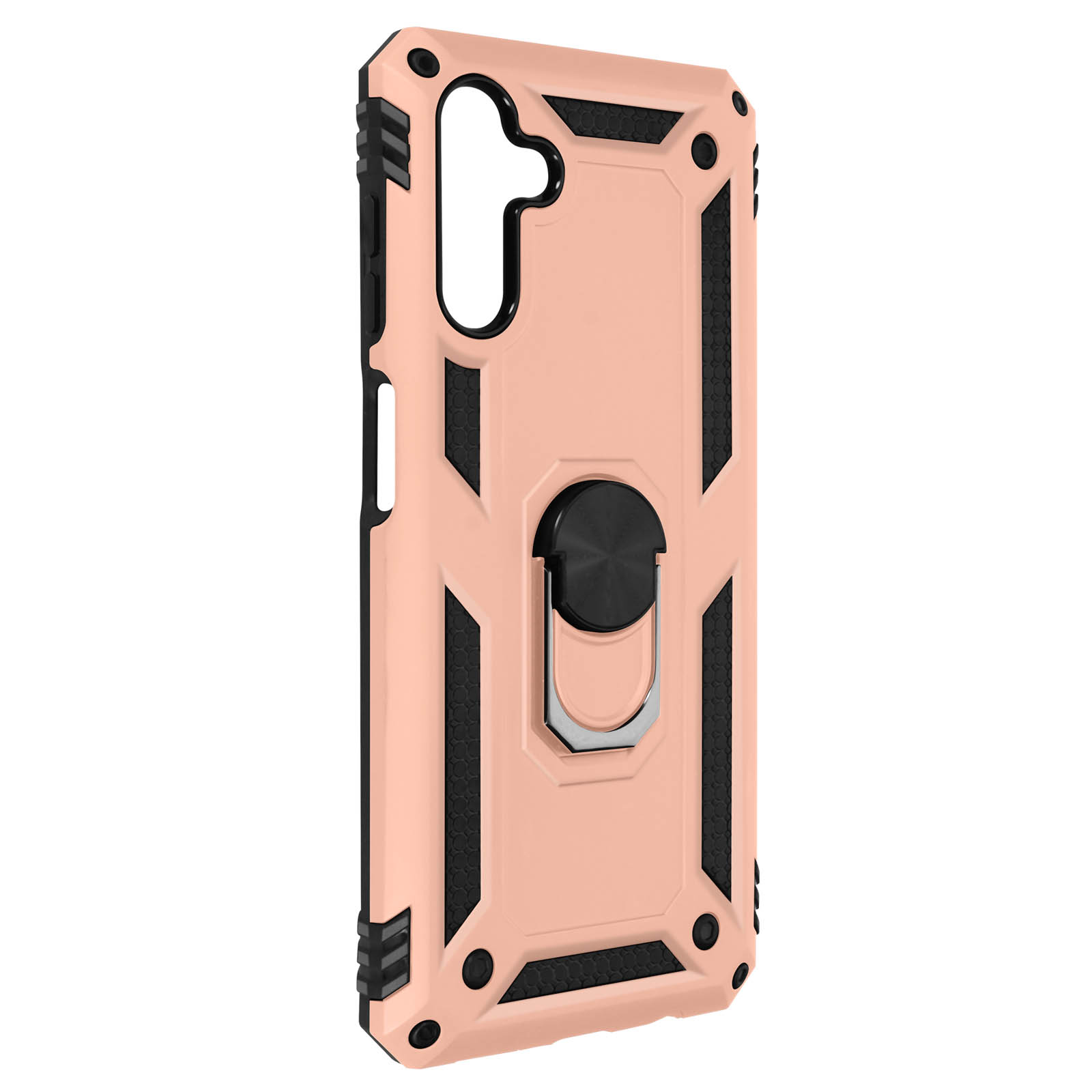 Custodia rosa per telefono con dettagli neri e supporto ad anello. La custodia è leggermente angolata su sfondo bianco.