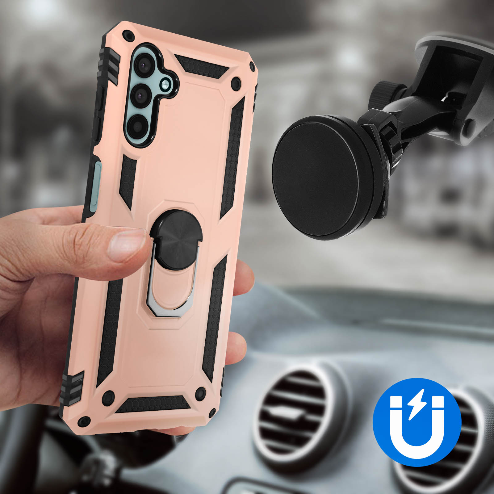 Una mano tiene una custodia per telefono e un supporto per auto. La custodia è rosa e nera.