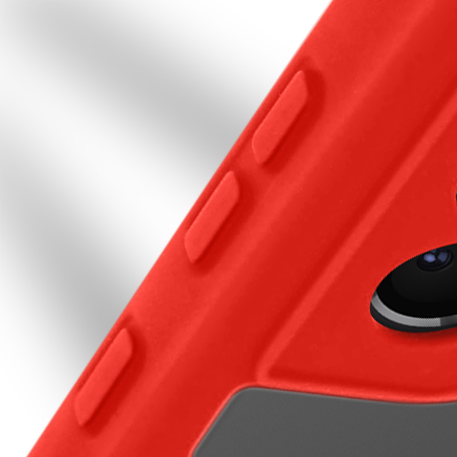 Custodia rossa per telefono con inserto nero. Mostra l'obiettivo della fotocamera e i pulsanti laterali del telefono.