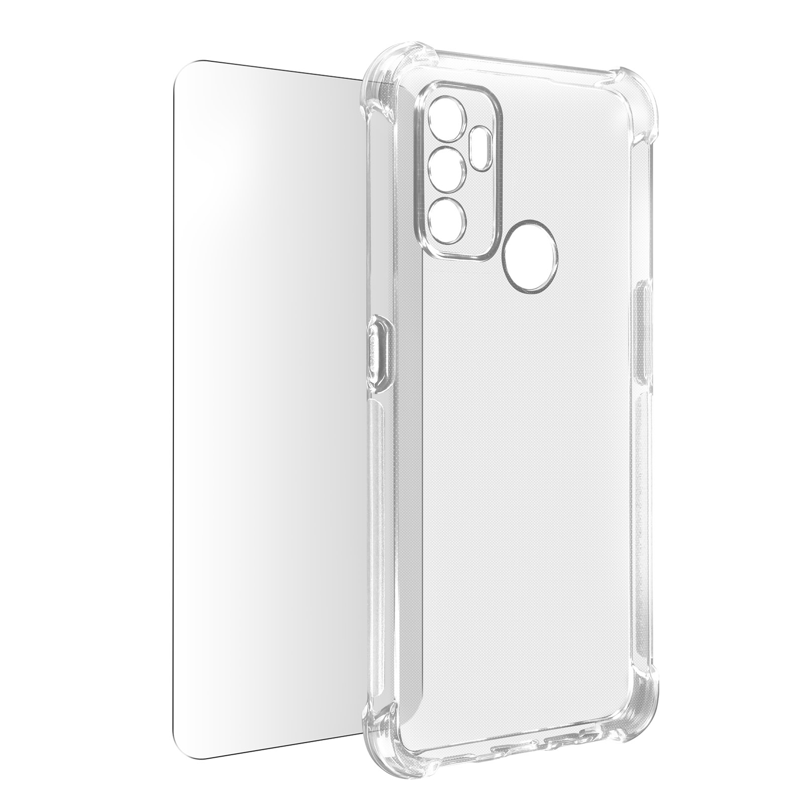 Una custodia trasparente per telefono e una protezione per schermo sono esposte su sfondo bianco.