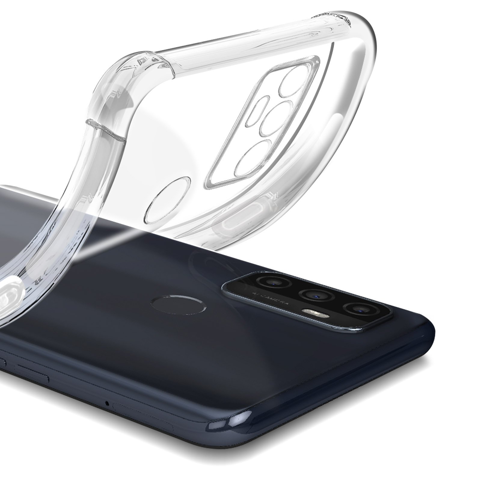 Custodia trasparente, parzialmente rimossa da un telefono scuro. La fotocamera è visibile.