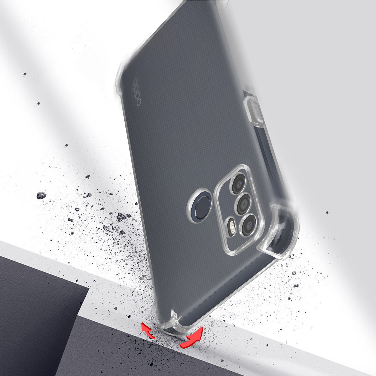 Un telefono in una custodia trasparente che cade, con indicatori di impatto e una superficie ruvida sullo sfondo.