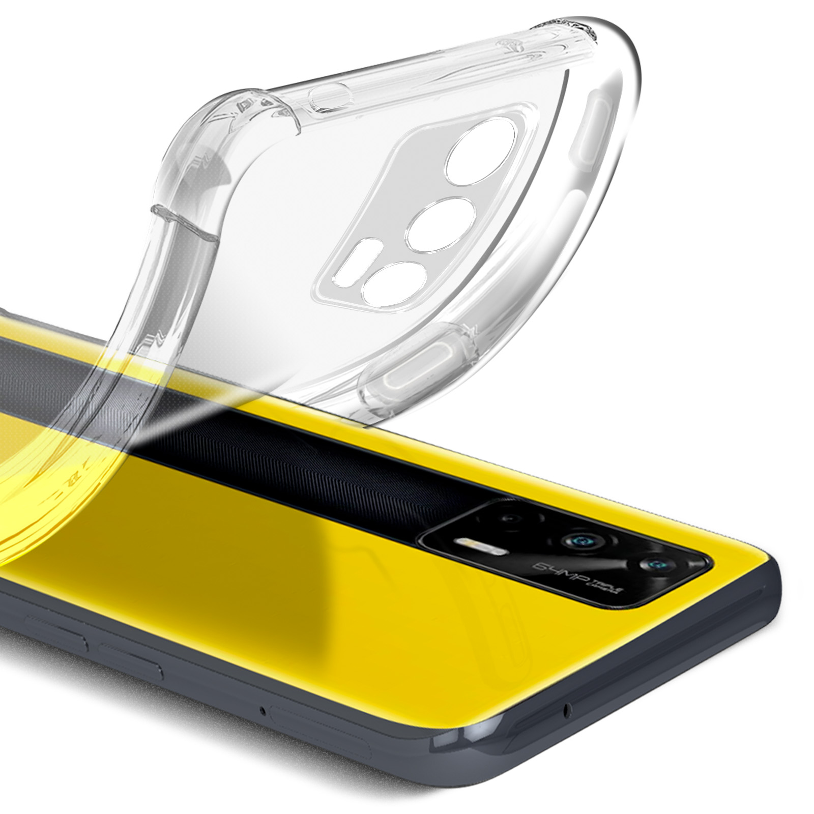 Eine transparente Handyhülle auf einem gelben Telefon, das die Details des Telefons zeigt.