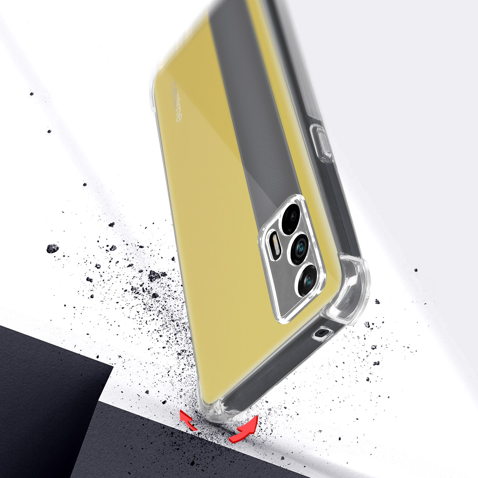 Ein Telefon mit Hülle stürzt ab. Die Hülle ist transparent. Das Telefon hat einen gelben Farbverlauf.