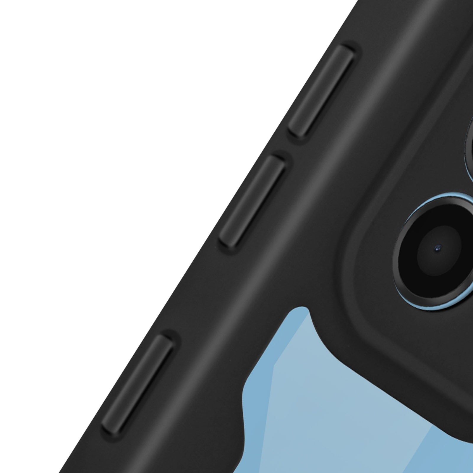 Close-up van een zwart telefoonhoesje, met knoppen en cameradetails. De hoes heeft een blauwe binnenkant.