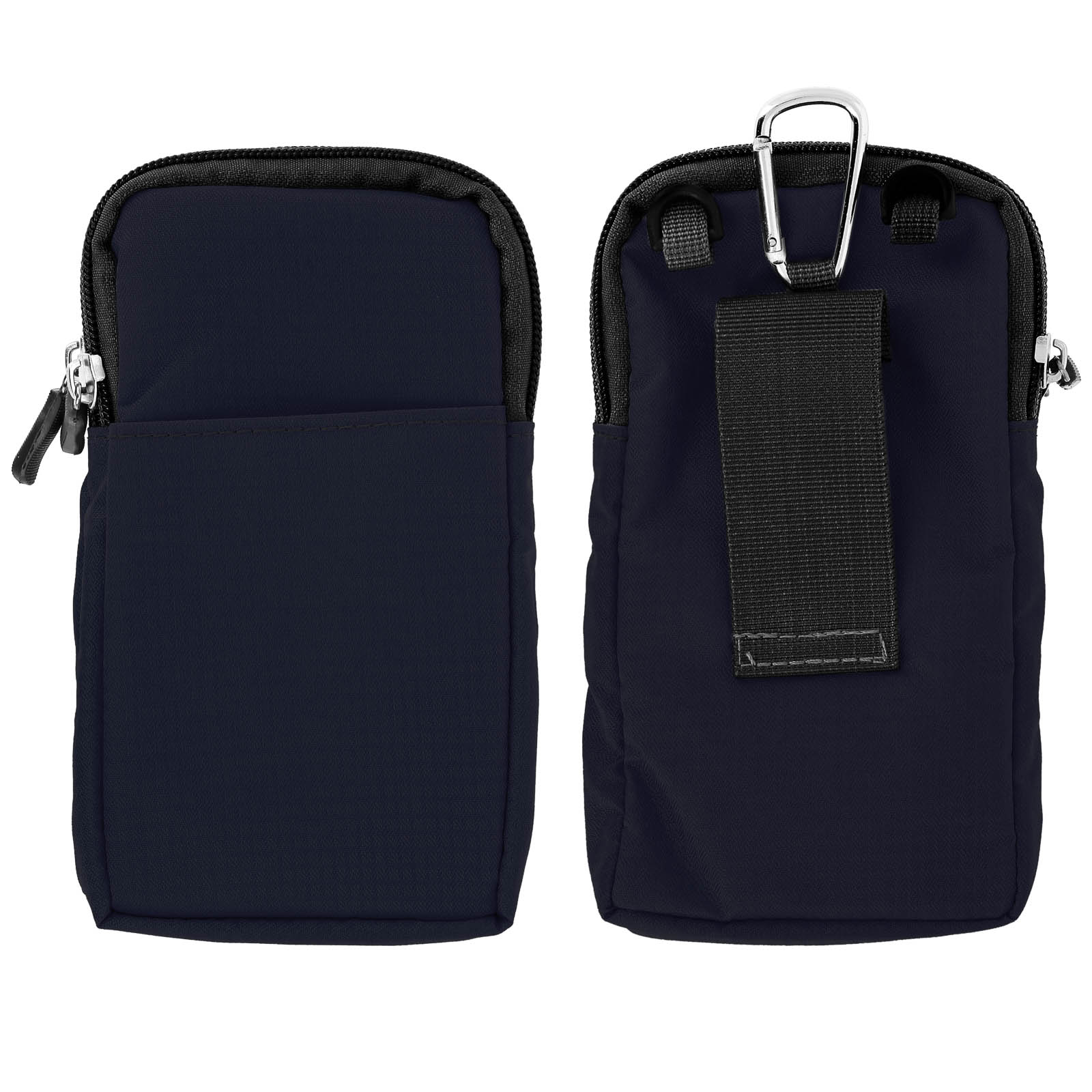 Zwei marineblaue Telefontaschen, eine mit Tasche, die andere mit Karabinerhaken.
