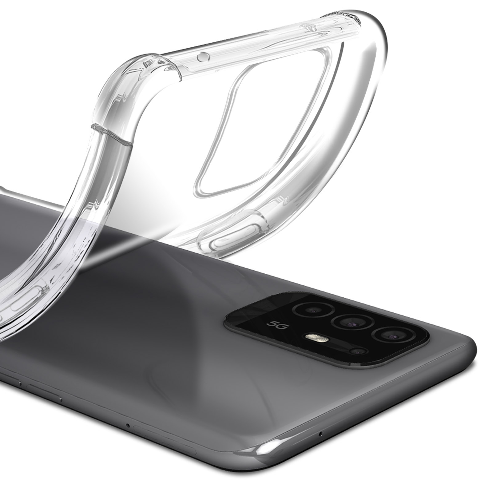 Una custodia protettiva trasparente viene rimossa da uno smartphone grigio.