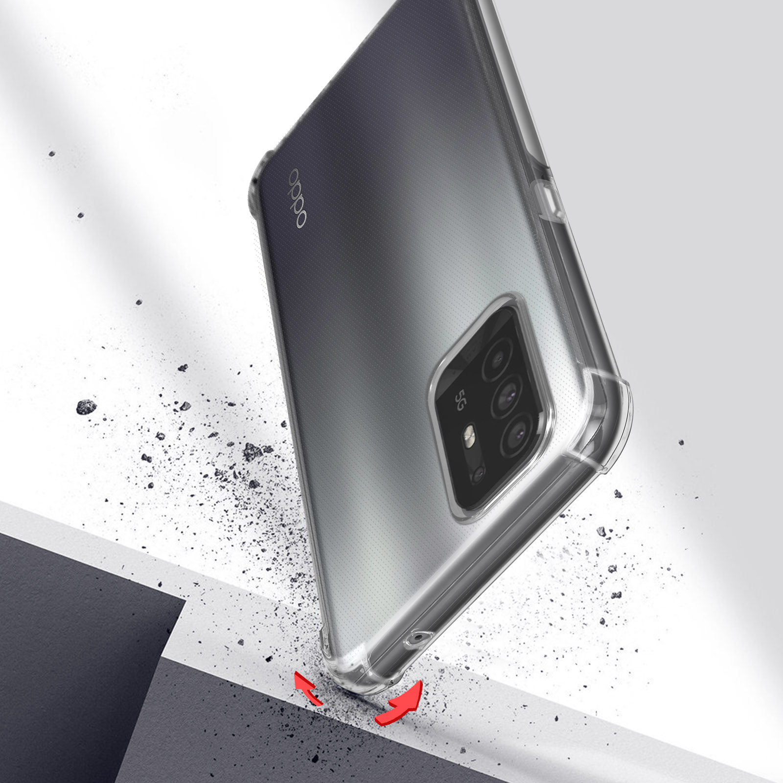 Un telefono Oppo sta cadendo, protetto da una custodia trasparente, con detriti intorno.