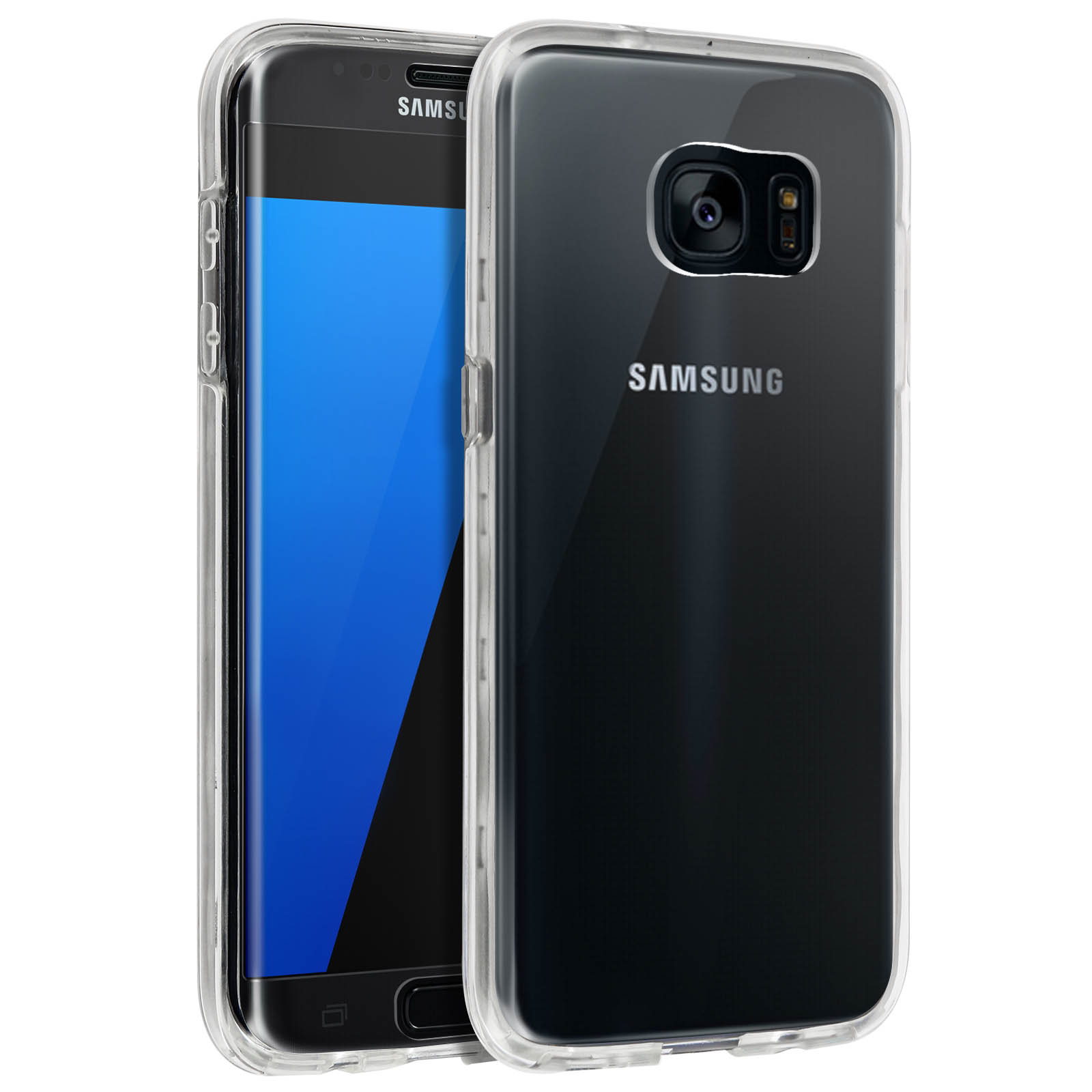 Telefono Samsung in custodia trasparente. Telefono nero con schermo blu.
